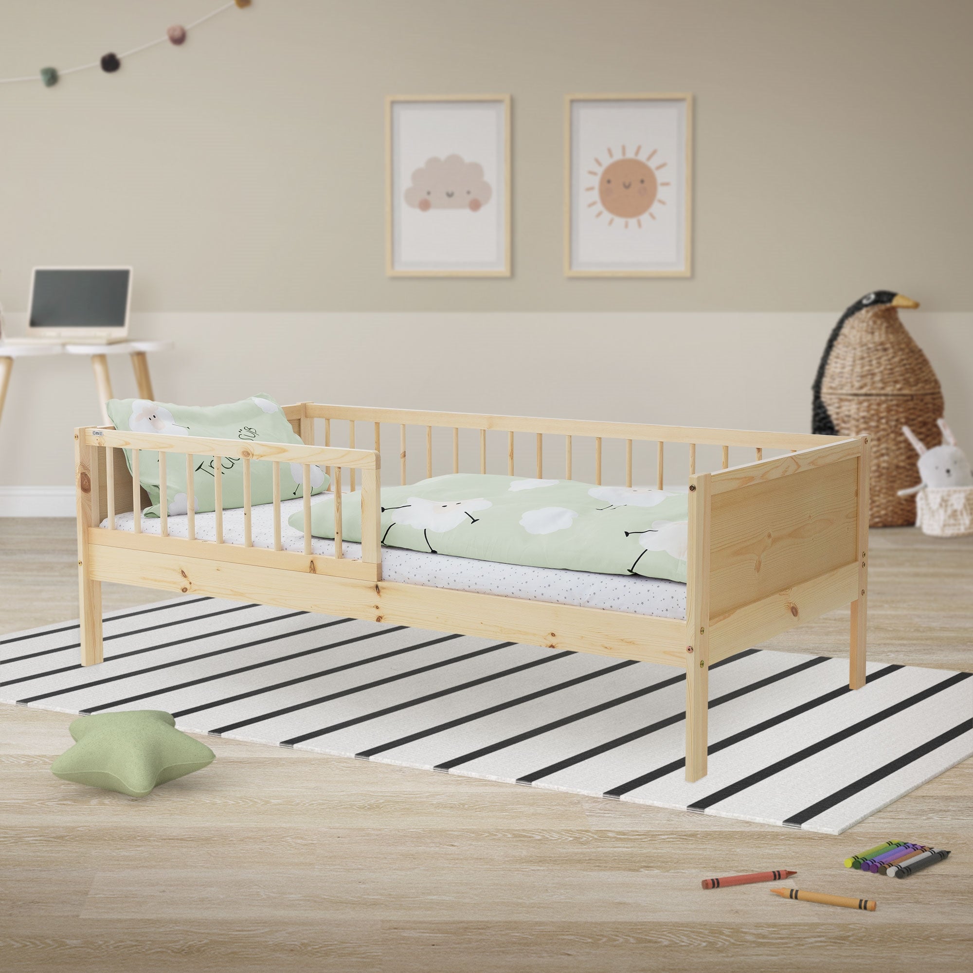 ML-Design łóżko dziecięce 80x160 cm biały z materacem barierką ochronną i listwowym stelażem lite drewno sosnowe dla chłopców i dziewczynek