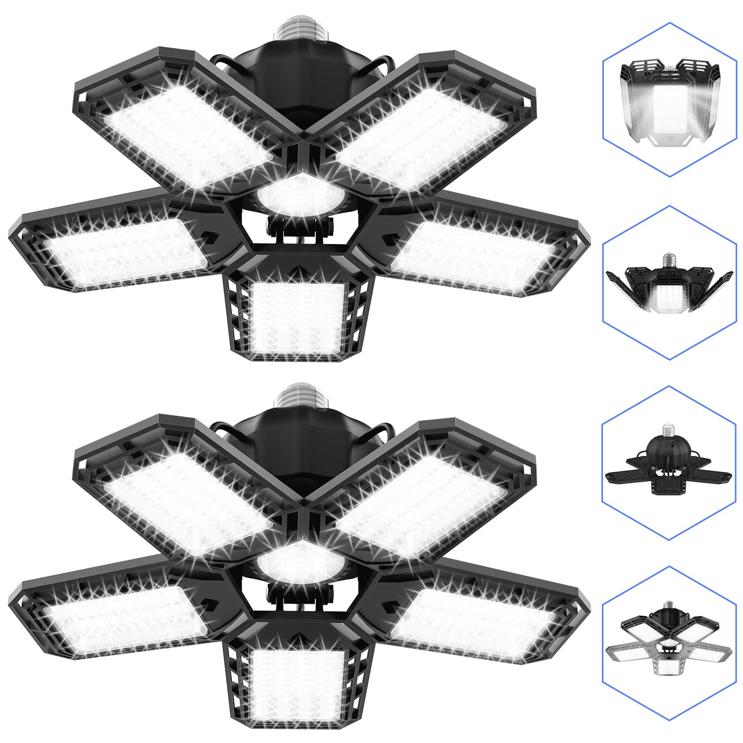 Zestaw 2 lamp garażowych LED, plafoniera sklepowa LED, wkręcana lampa LED 6500 K z 5 + 1 regulowanymi panelami, do warsztatu, piwnicy, E27