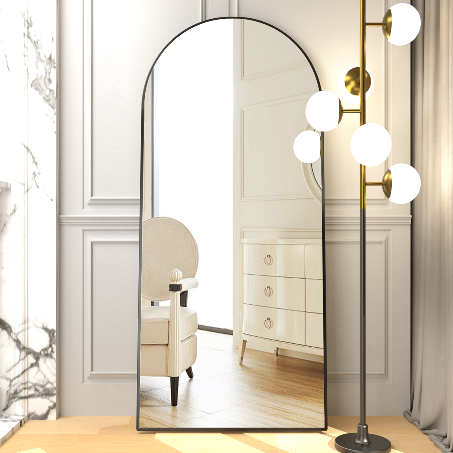 Specchio Ad Arco A Figura Intera ZHUNFA 180x81 Cm – Con Supporto, Cornice In Alluminio Oro, Vetro Temperato, Da Pavimento - 4