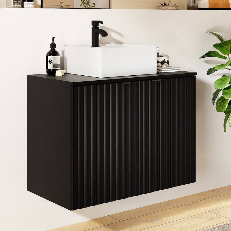 Szafka łazienkowa wisząca ryflowana z umywalką nablatową - Czarny - szer. 80 cm - ZILGA