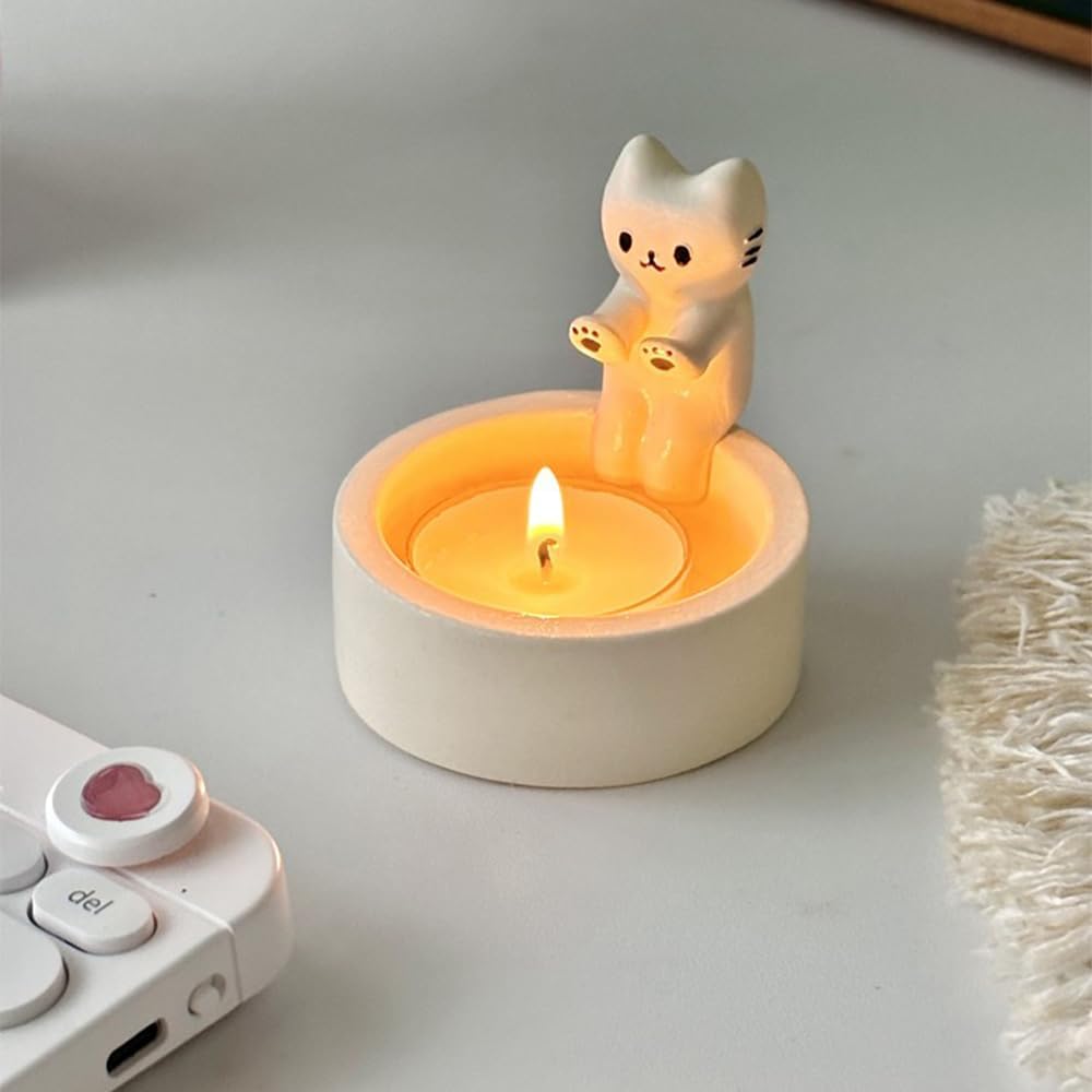 Bougeoir chaton de dessin animé, chandelier en céramique fait à la main, chaton réchauffant ses pattes, joli support de lumière parfumée - 3