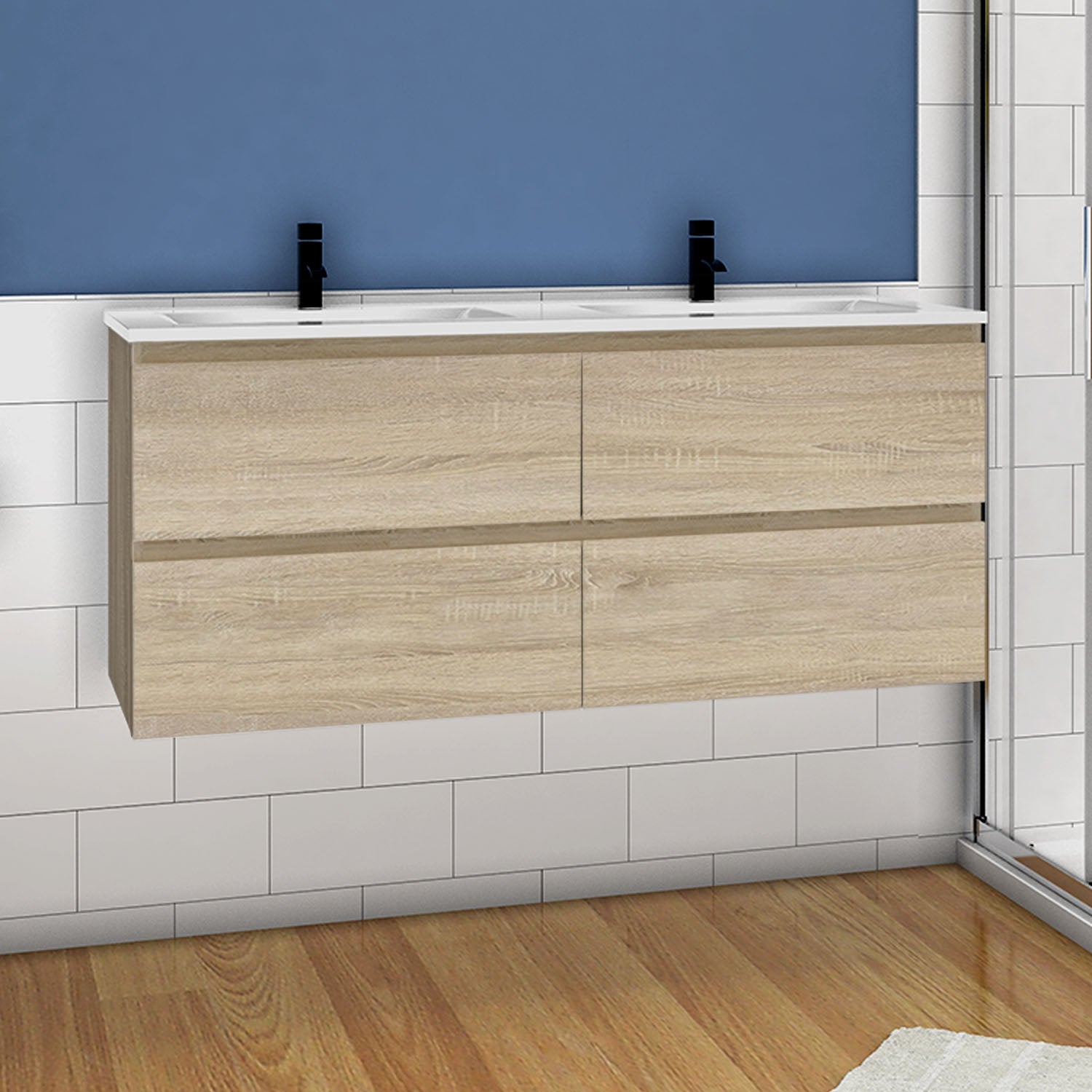 OCEAN 120(L)x46(P)x52(H)cm Meuble salle de bain naturel avec 4 tiroirs à une fermeture amortie avec deux vasques à suspendre - 2
