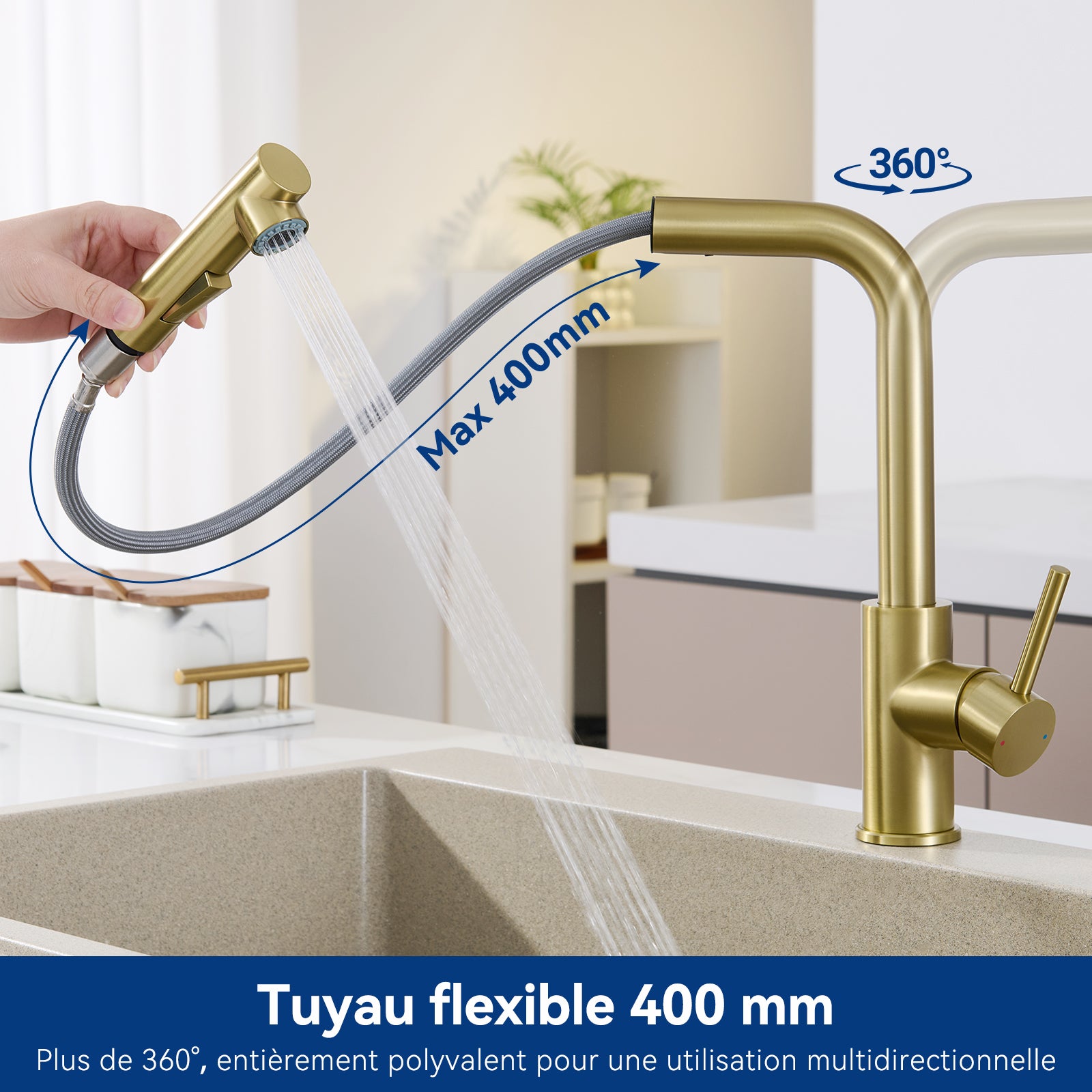 Mitigeur Cuisine avec Douchette Extractible, Monocommande, Rotation à 360°, 2 Modes de pulvérisat Robinet d'évier Cuisine, Jaune doré - 2