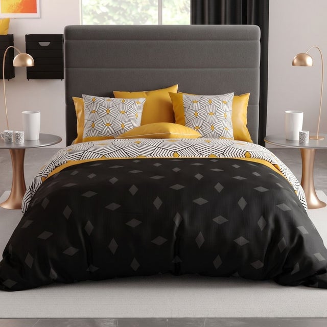 Parure housse de couette 240x220cm + 2 taies motif graphique jaune et noir 100% coton - FARANDOLE