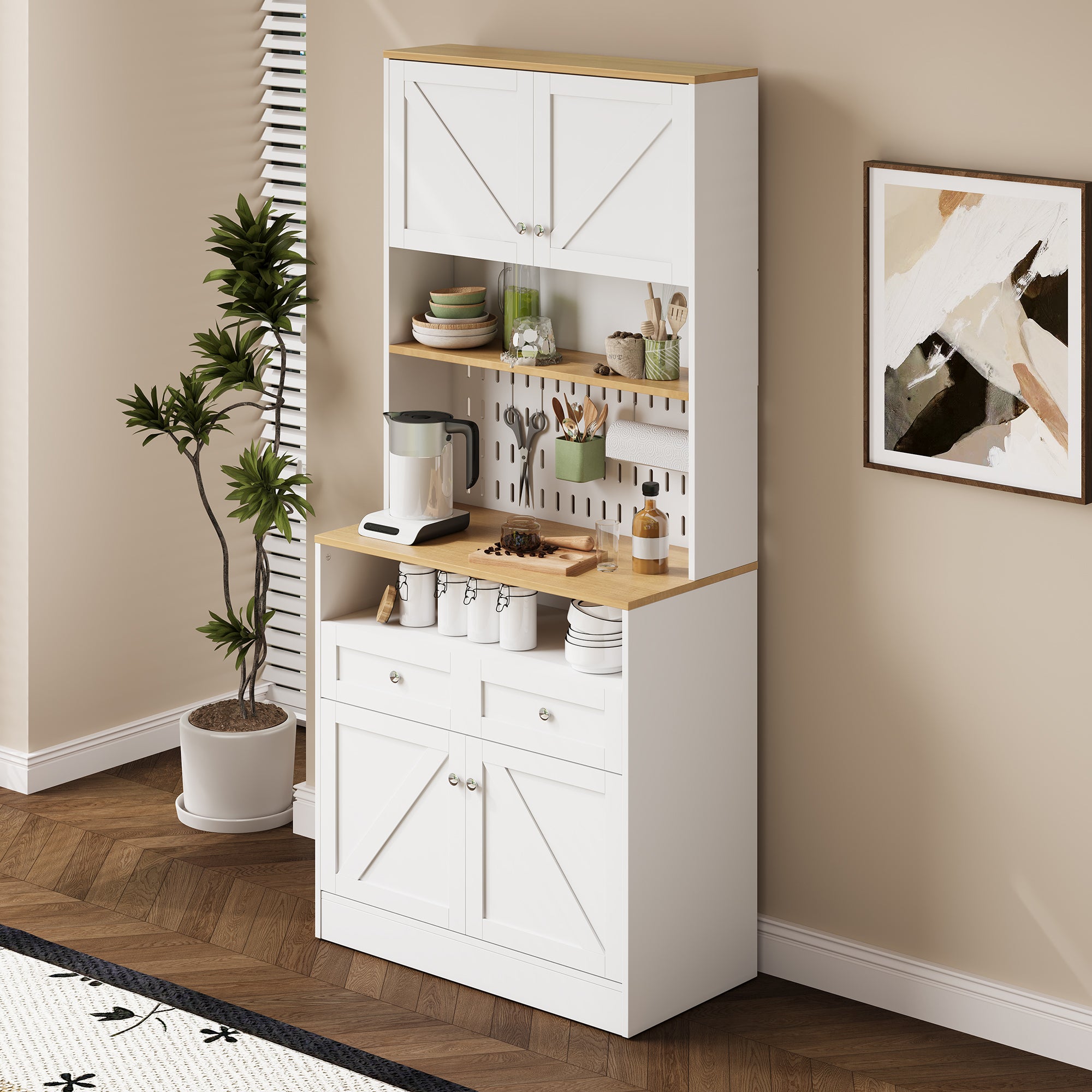 Nowoczesna komoda 80x40x175 cm - Z 2 szufladami i 4 drzwiami - Z perforowanym panelem - Płyta MDF + płyta wiórowa - Biały i naturalny - 5