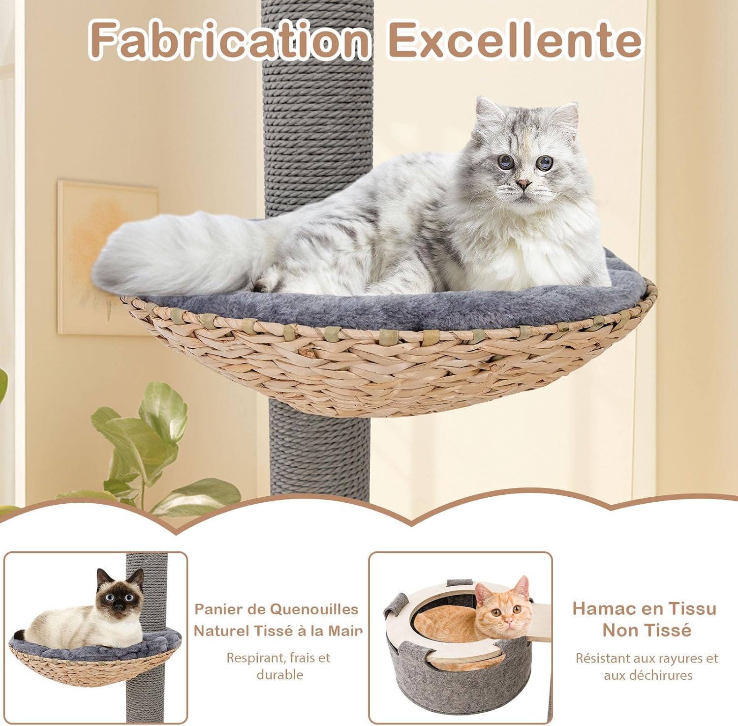 Árbol de Gato de Suelo al Techo, Altura Ajustable 236-271 cm, Grande Árbol de Gato de 5 Niveles con Poste Rascador Trampolín Cama Tipo Cesta Hamaca - 8