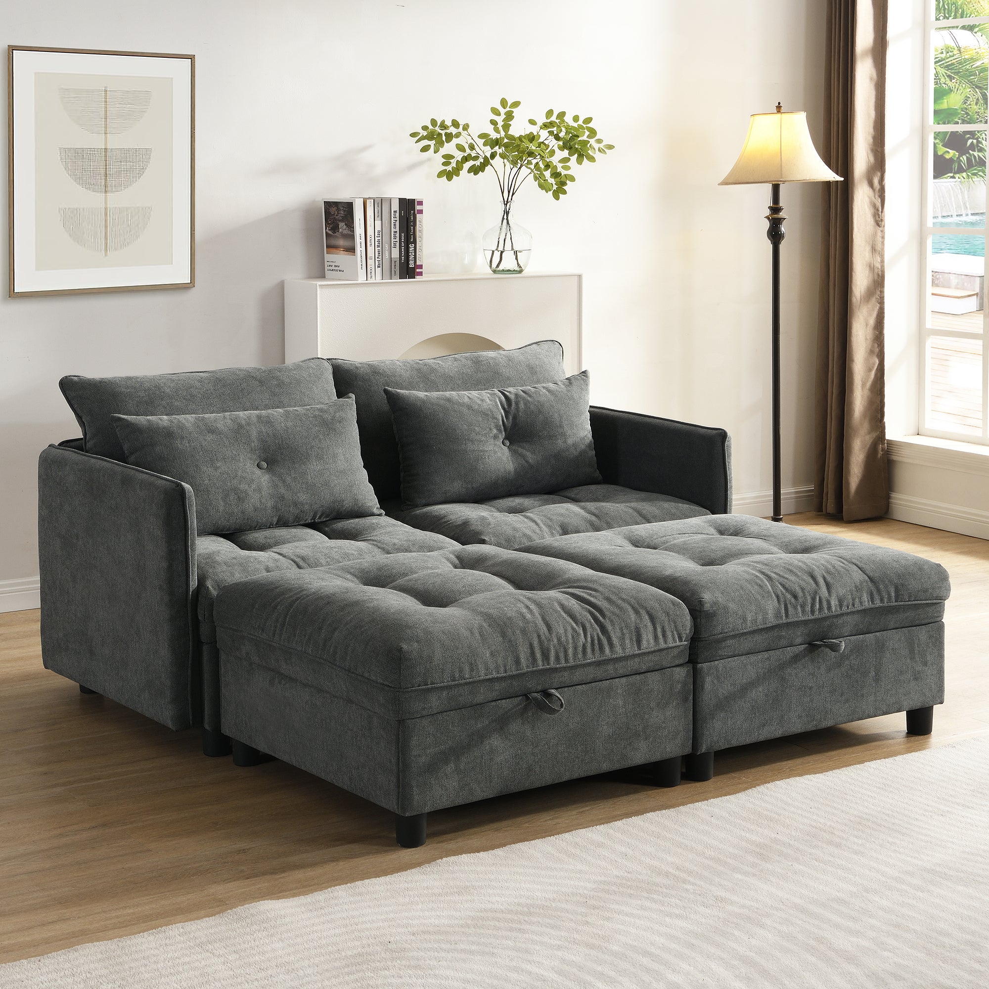Modułowa sofa 4-osobowa + schowek + tapicerka szenilowa - z funkcją spania - Szara - 3