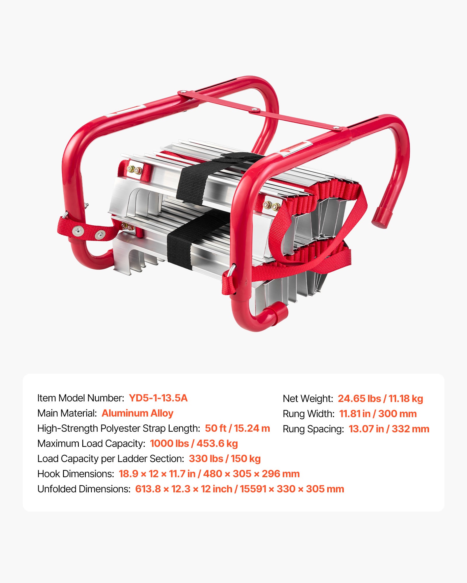 Échelle de Corde VEVOR 15,2 m, Échelle de Secours Incendie Rétractable 5 à 6 Étages en Alliage Aluminium, Capacité de Charge 453,6 kg, avec Sangle - 7