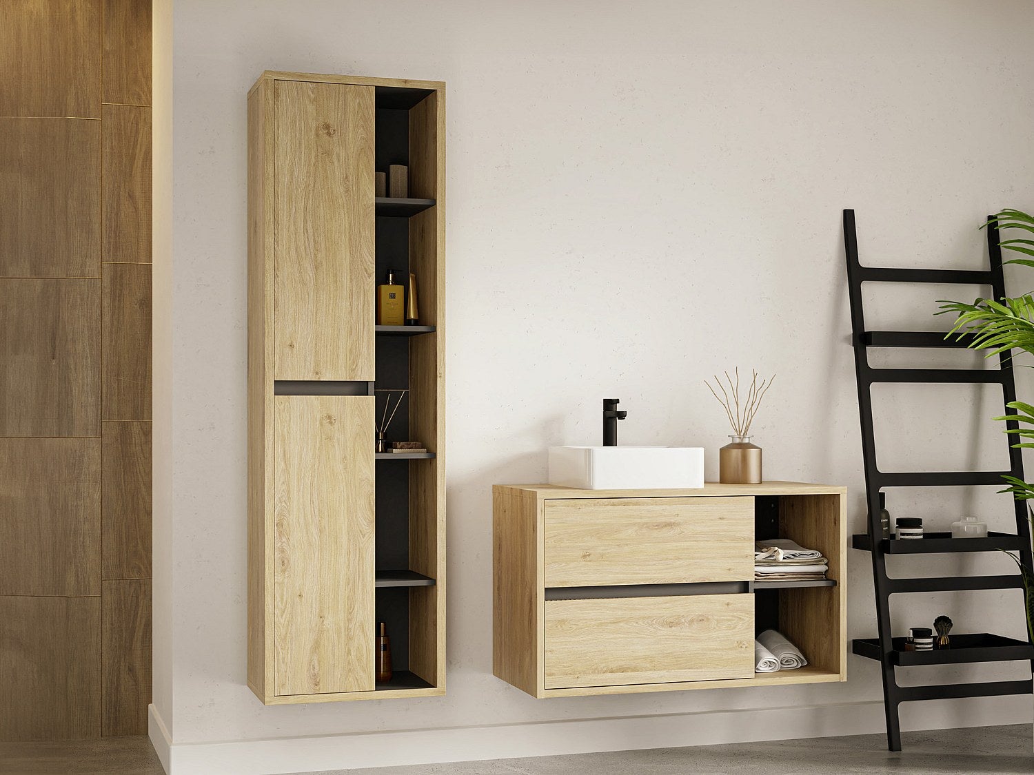 Szafka łazienkowa wisząca z umywalką i słupkiem - 100 cm - Naturalny - PURNAL