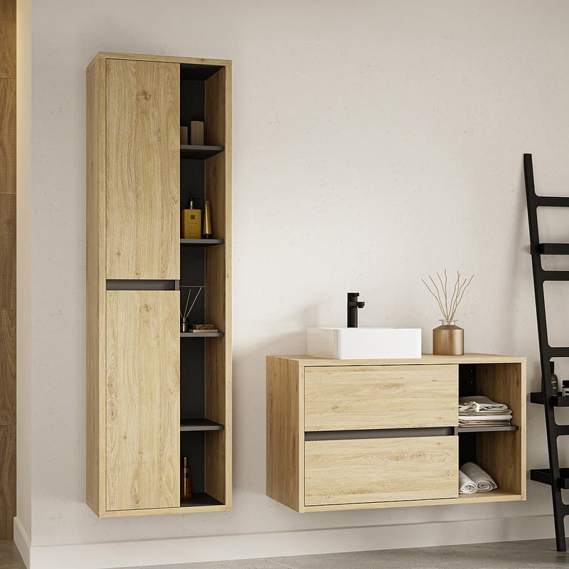 Szafka łazienkowa wisząca z umywalką i słupkiem - 100 cm - Naturalny - PURNAL