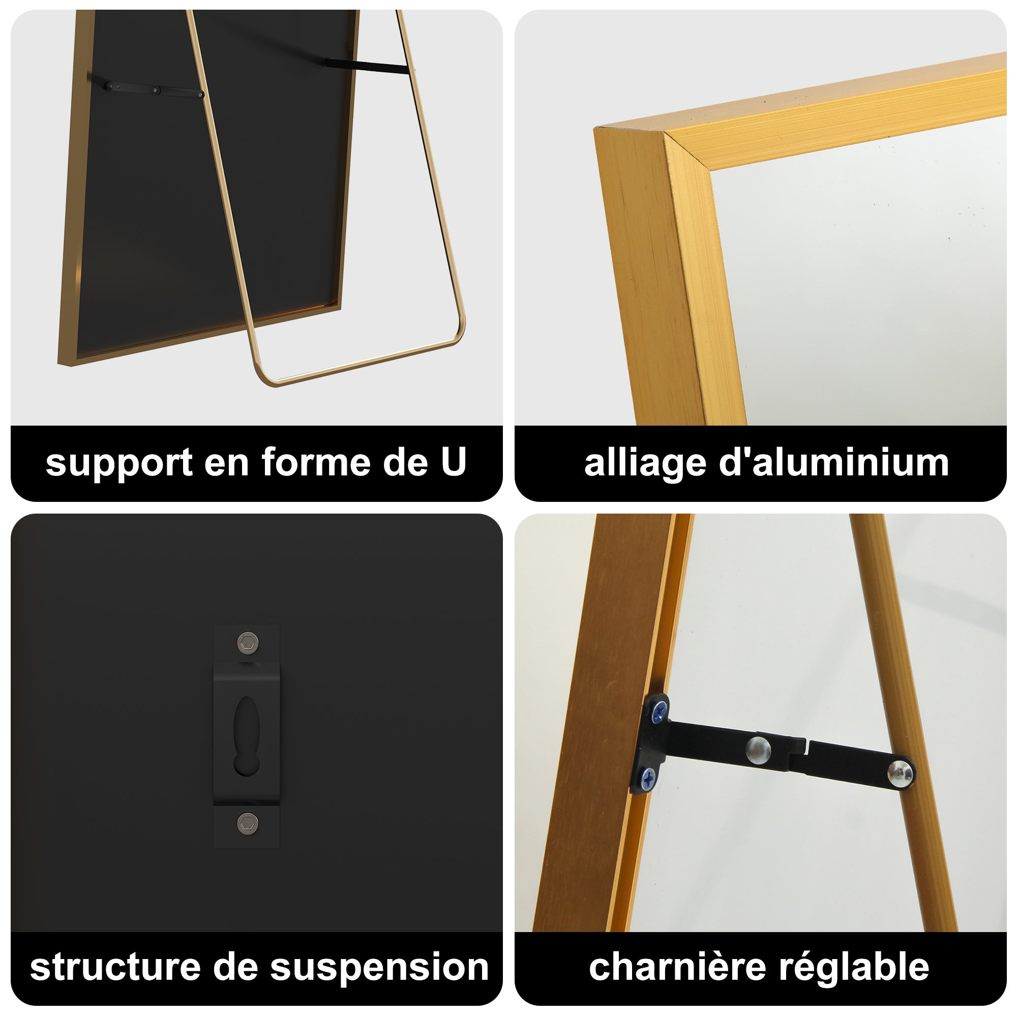 Miroir sur pied Rectangulaire 164 x 54cm, Grand Miroir Intégral avec Cadre en Alliage d’aluminium pour Chambre, Salon, À suspendre ou s'appuyer, Doré - 6