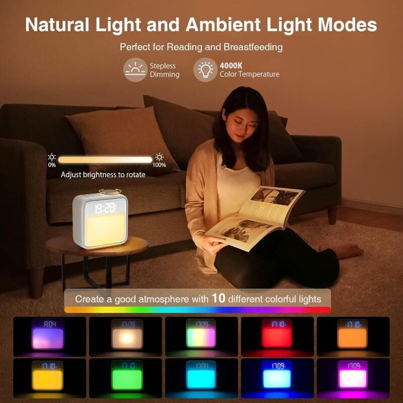 Réveil avec lever de soleil, 6 sons de la nature et veilleuse 10 couleurs, double réveil avec soleil, aide au sommeil et fonction snooze - 3
