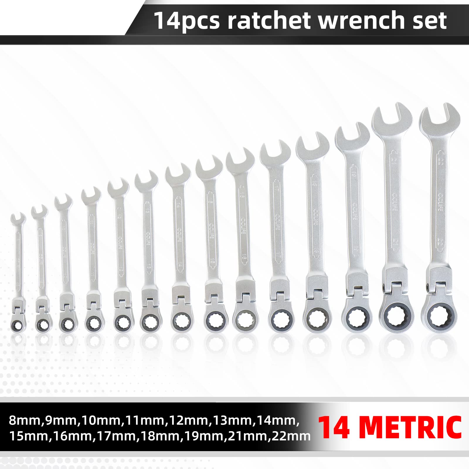 CCLIFE 14 Pezzi Set Chiavi a Cricchetto flessibile 8-22 mm Cr-V 72 Denti Chiavi a Cricchetto Snodate - 2
