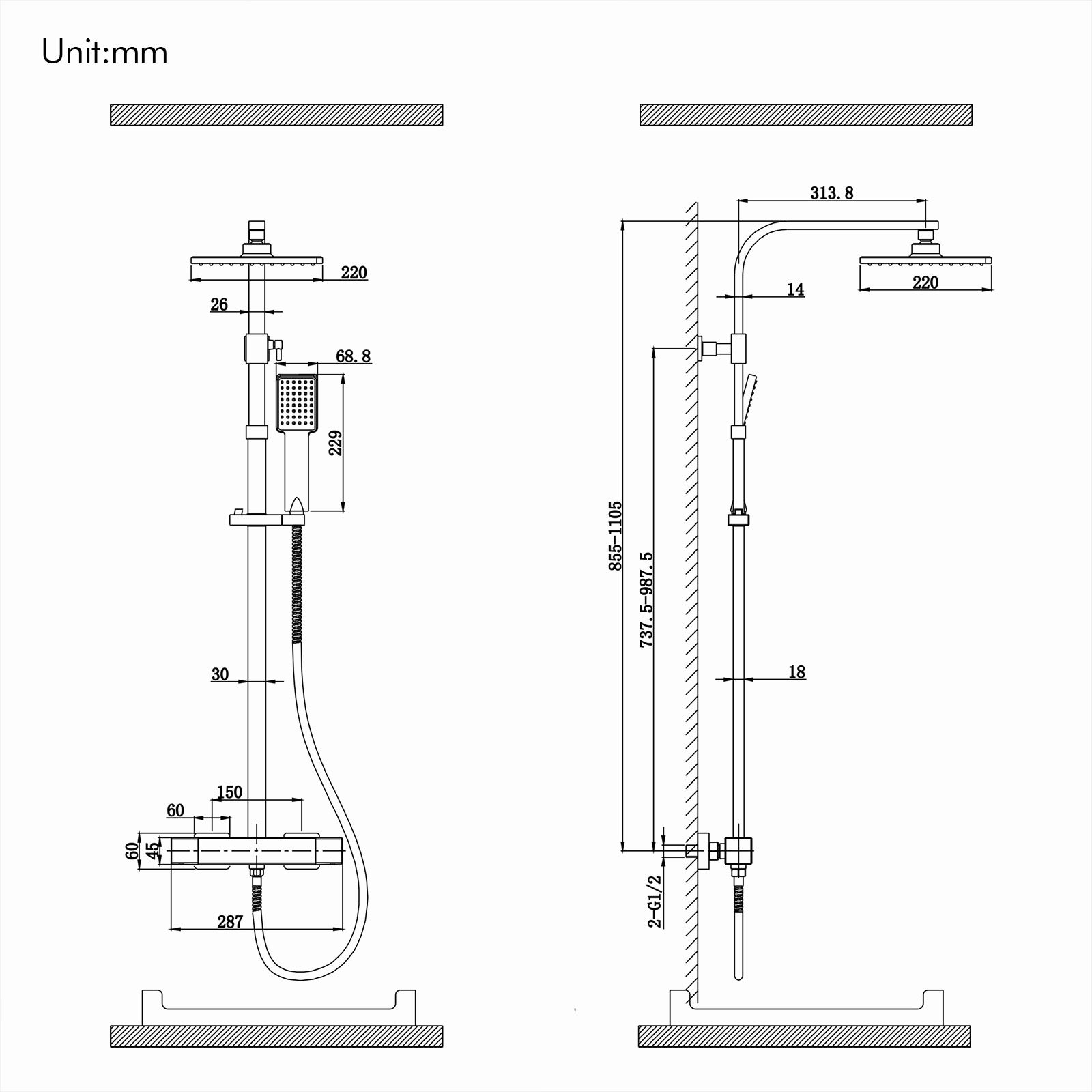 Colonne de Douche Thermostatique Chromé, Ensemble de Douche Corps en Laiton, Hauteur Réglable 855-1105mm, Système de Douche avec mitigeur - 7