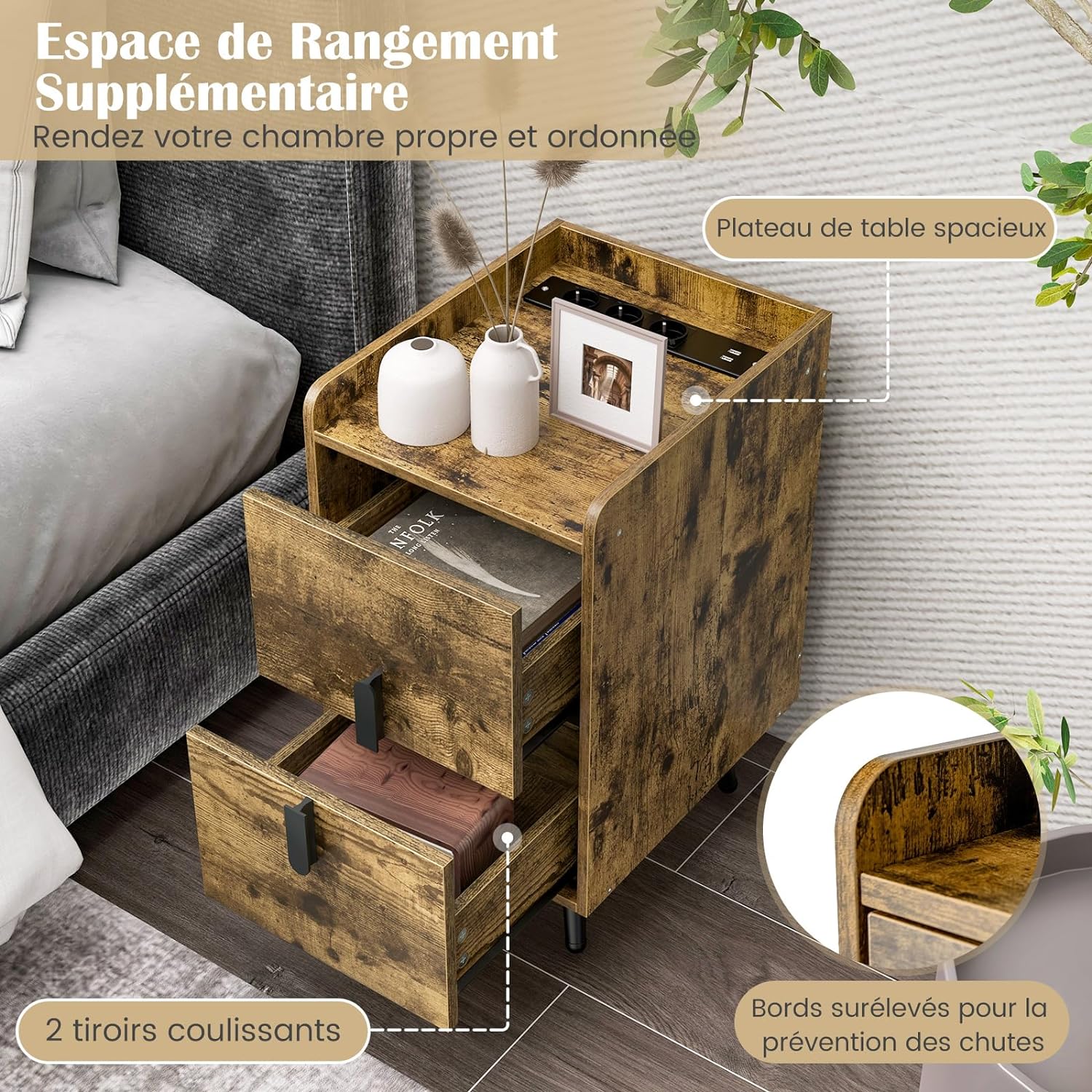 Table de Chevet avec Prise,2 Tiroirs Coulissants, 1 Passe-câble, 2 Ports USB & 3 Prises, Bords Surélevés, 40 x 32 x 60 cm(Marron Rustique) - 3