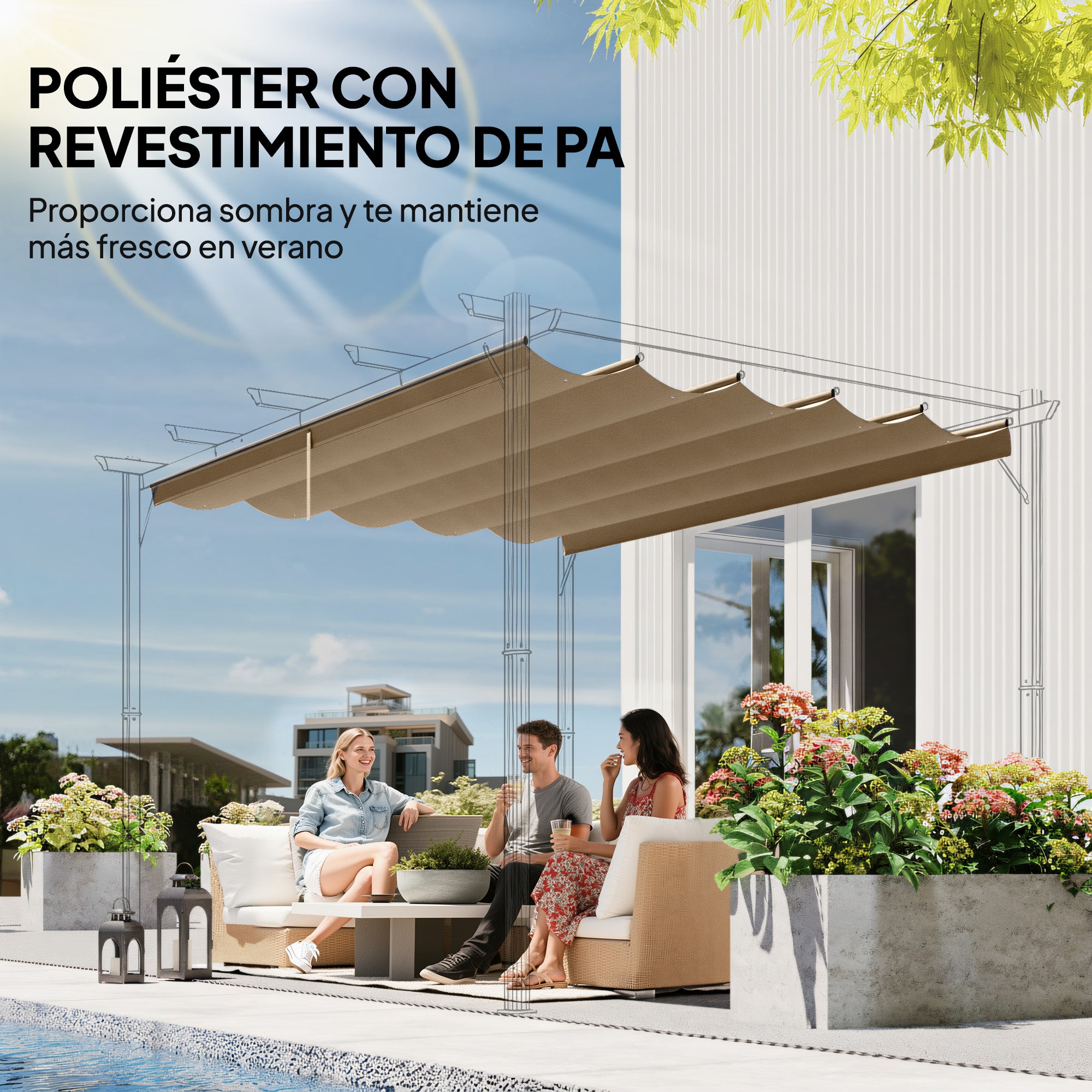 Techo de Pérgola Outsunny Poliéster Pardo 250x255x6 cm - 5