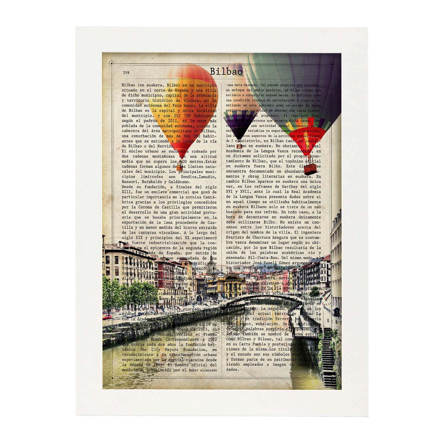 Lamina ciudad de bilbao. estilo vintage. ilustracion con la historia de bilbao. marco negro - a3