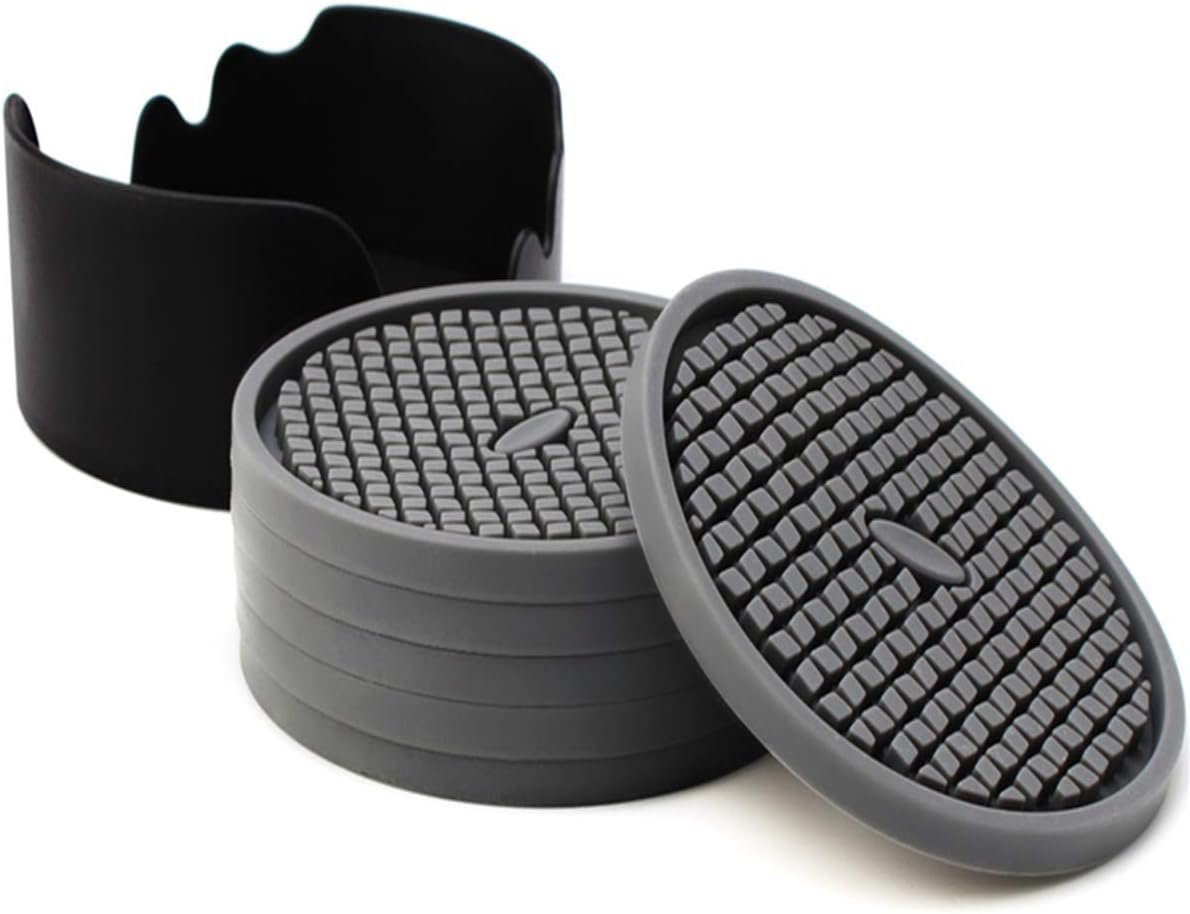 Zestaw 6 szarych silikonowych podstawek o średnicy 10 cm z uchwytami – głębokie, chłonne rowki, idealne do napojów gorących i zimnych