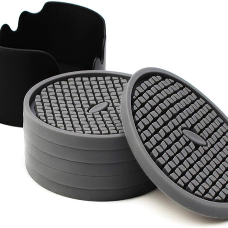 Zestaw 6 szarych silikonowych podstawek o średnicy 10 cm z uchwytami – głębokie, chłonne rowki, idealne do napojów gorących i zimnych