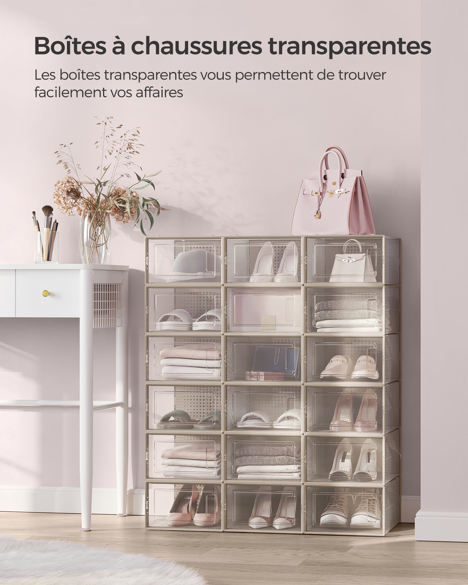 Boîtes à Chaussures, Lot de 18, Rangement Chaussures, Pliable, pour Pointure jusqu’à 44, Transparent et Beige Avoine - 3