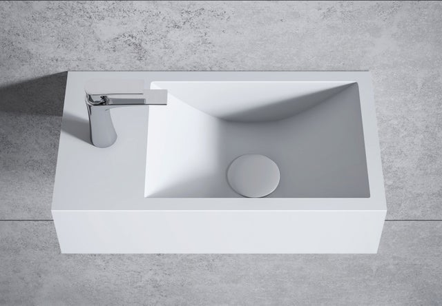 BERNSTEIN - Vasque murale suspendue design 44x22x10cm en fonte minérale - Blanc mat, Avec bonde et cache blanc, Rangement gauche, Sans console
