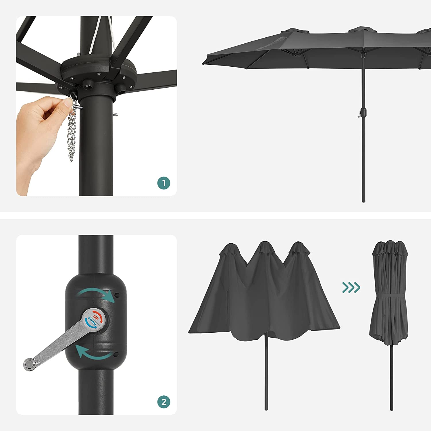 Ombrelle extra large parasol 460 x 270 cm, protection UPF 50+, pour jardin, extérieur,Gris - 4