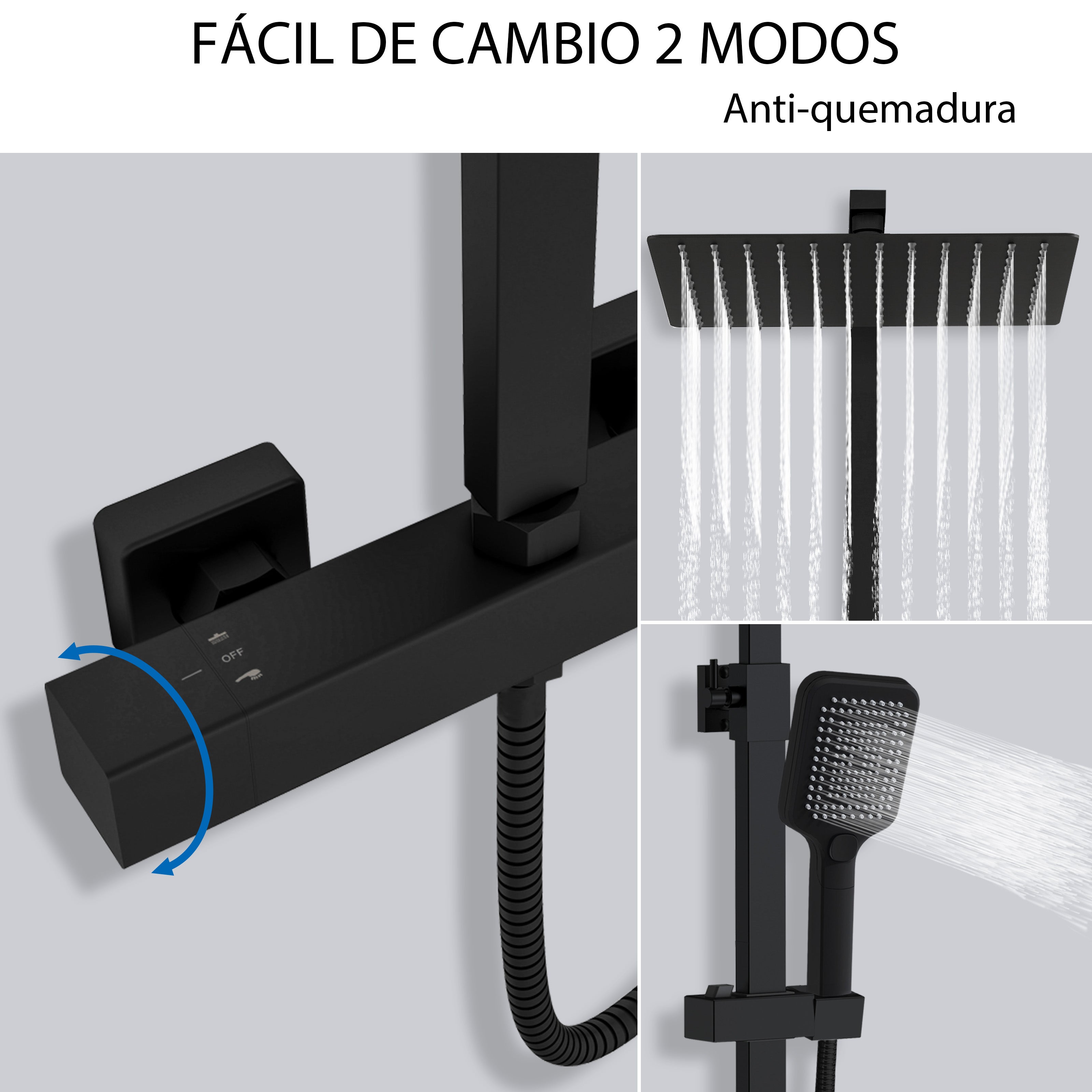 Aica Columna Ducha Termostática 38℃ Negro Mate Barra Ajustable, Alcachofa de Ducha 30x30cm (12