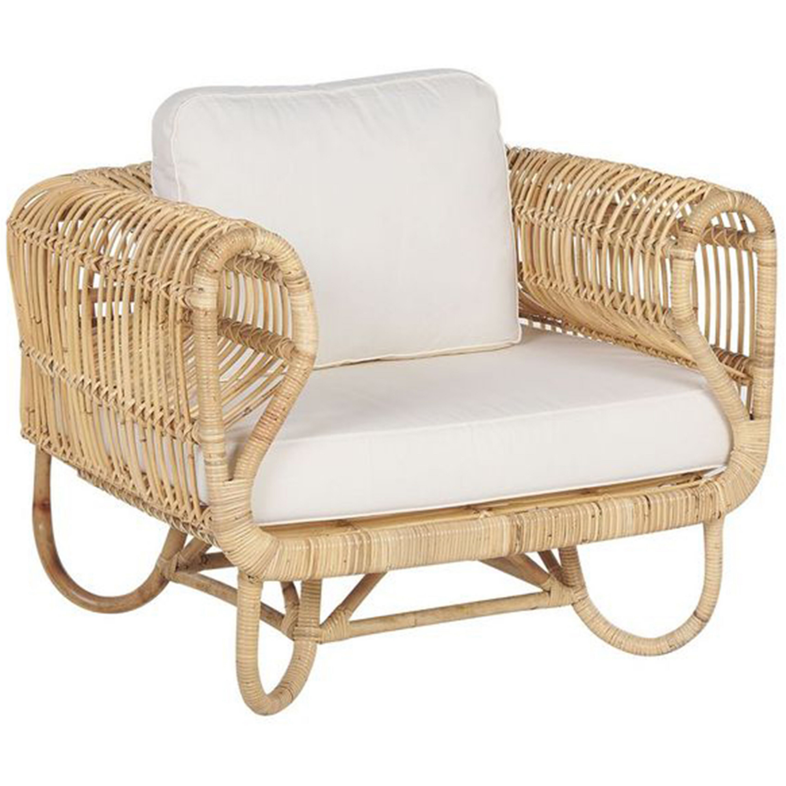 Fauteuil Design en Rotin Naturel avec Accoudoirs Décoratifs et Coussins ...