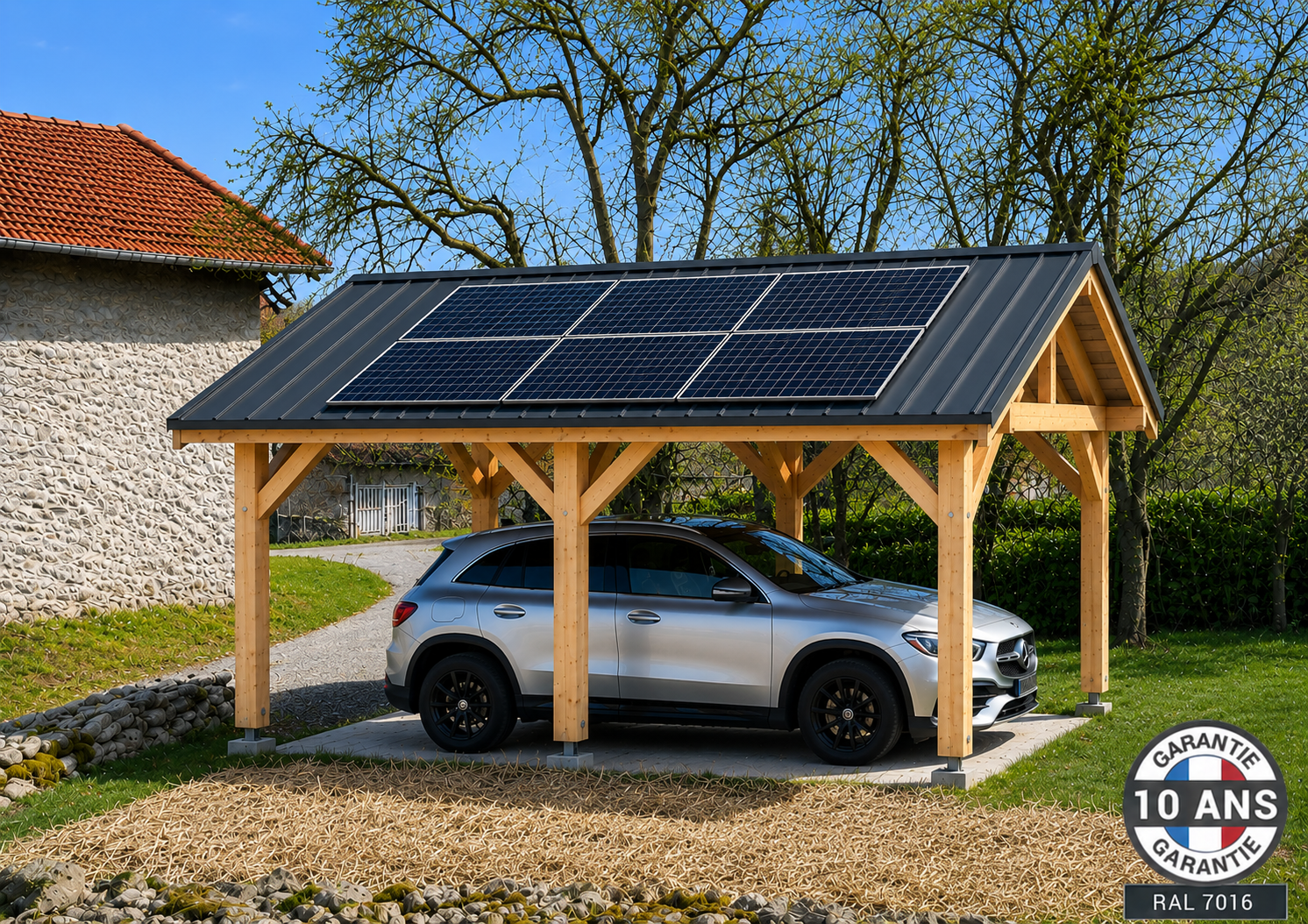 Carport bois 2 pentes en bois douglas 18 m², 6 poteaux. Abri voiture extérieur. Garantie 10 ans. - 4