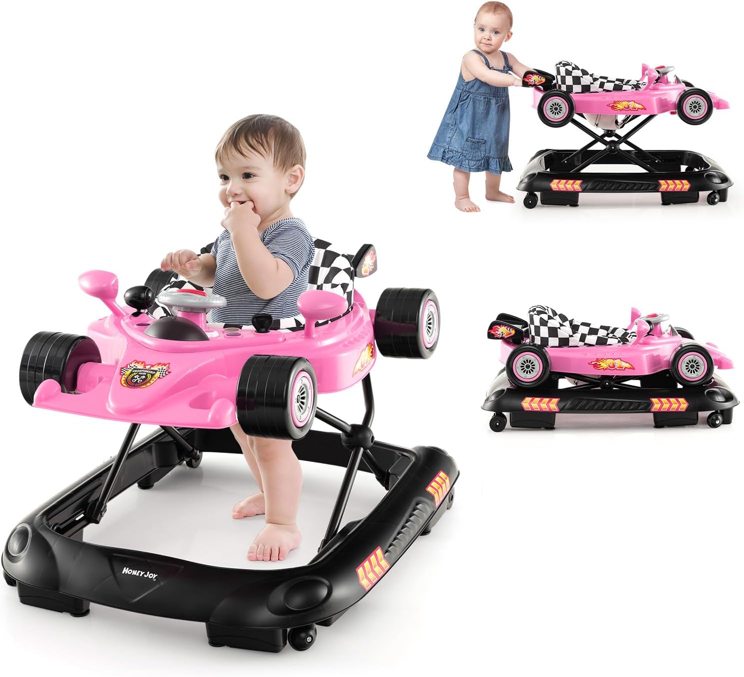 Chodzik dla Niemowląt 4 w 1 dla Dzieci Powyżej 6 Miesięcy, Składany Chodzik dla Niemowląt z 3 Regulowanymi Wysokościami, Światłami i Muzyką (Różowy)