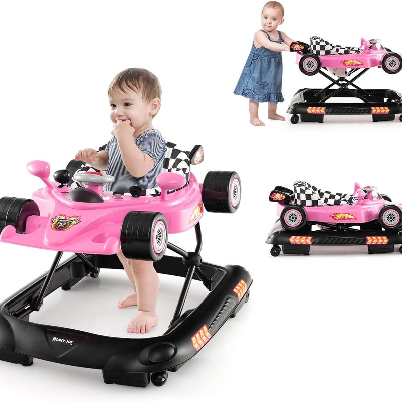 Chodzik dla Niemowląt 4 w 1 dla Dzieci Powyżej 6 Miesięcy, Składany Chodzik dla Niemowląt z 3 Regulowanymi Wysokościami, Światłami i Muzyką (Różowy)