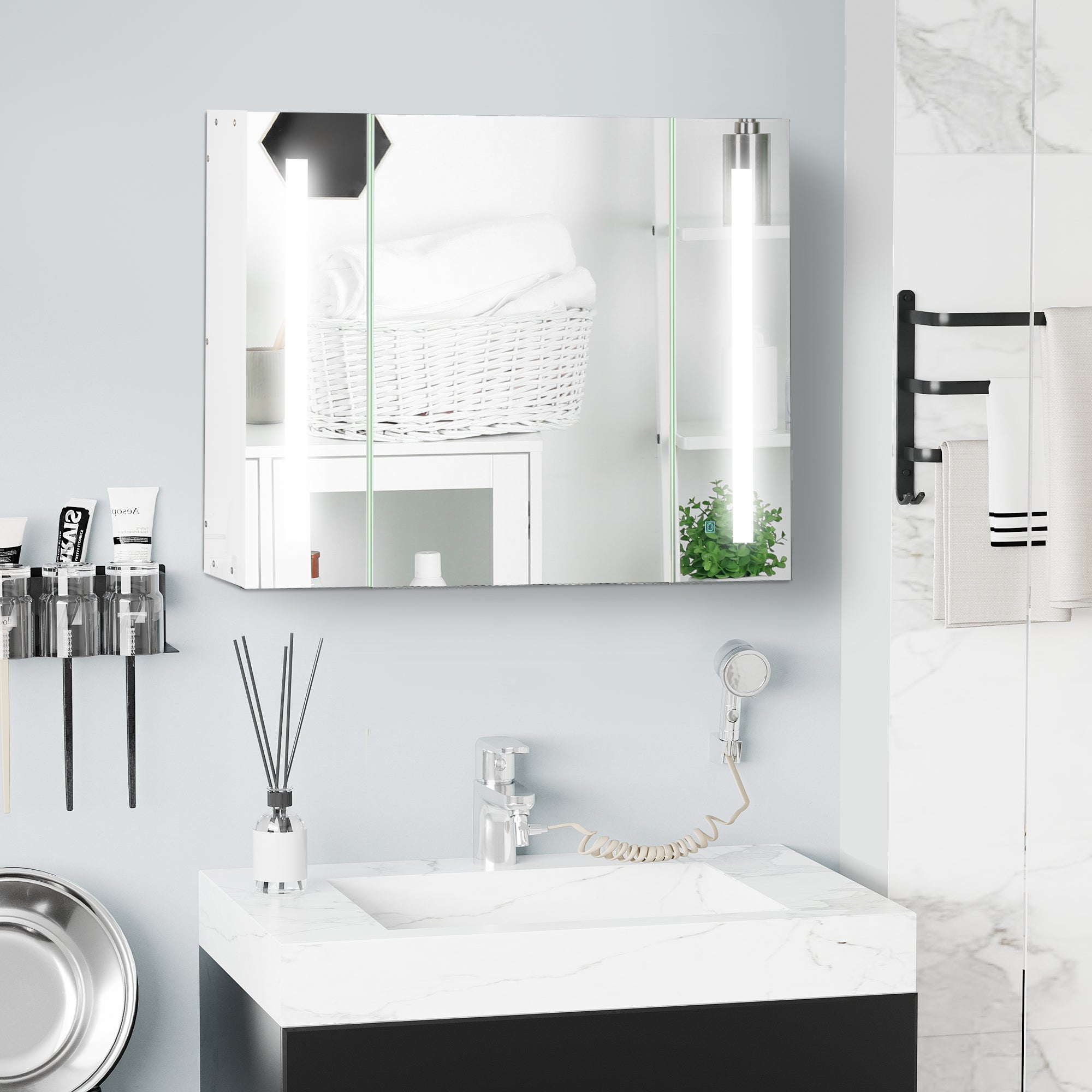 kleankin Armadietto Specchiera da Bagno con 3 Armadietti, 3 Ripiani e Luce LED, 90x15x65 cm, Bianco - 2