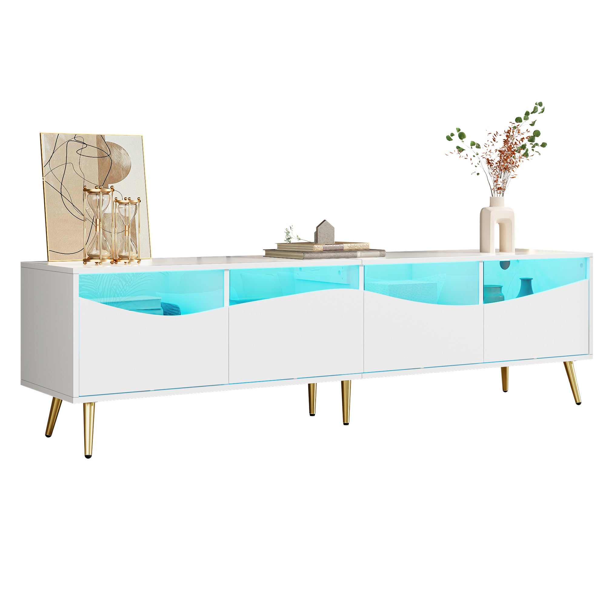 Szafka RTV z 4 szufladami - 180 x 40 x 50 cm - diody LED - MDF i złote metalowe nogi - biała