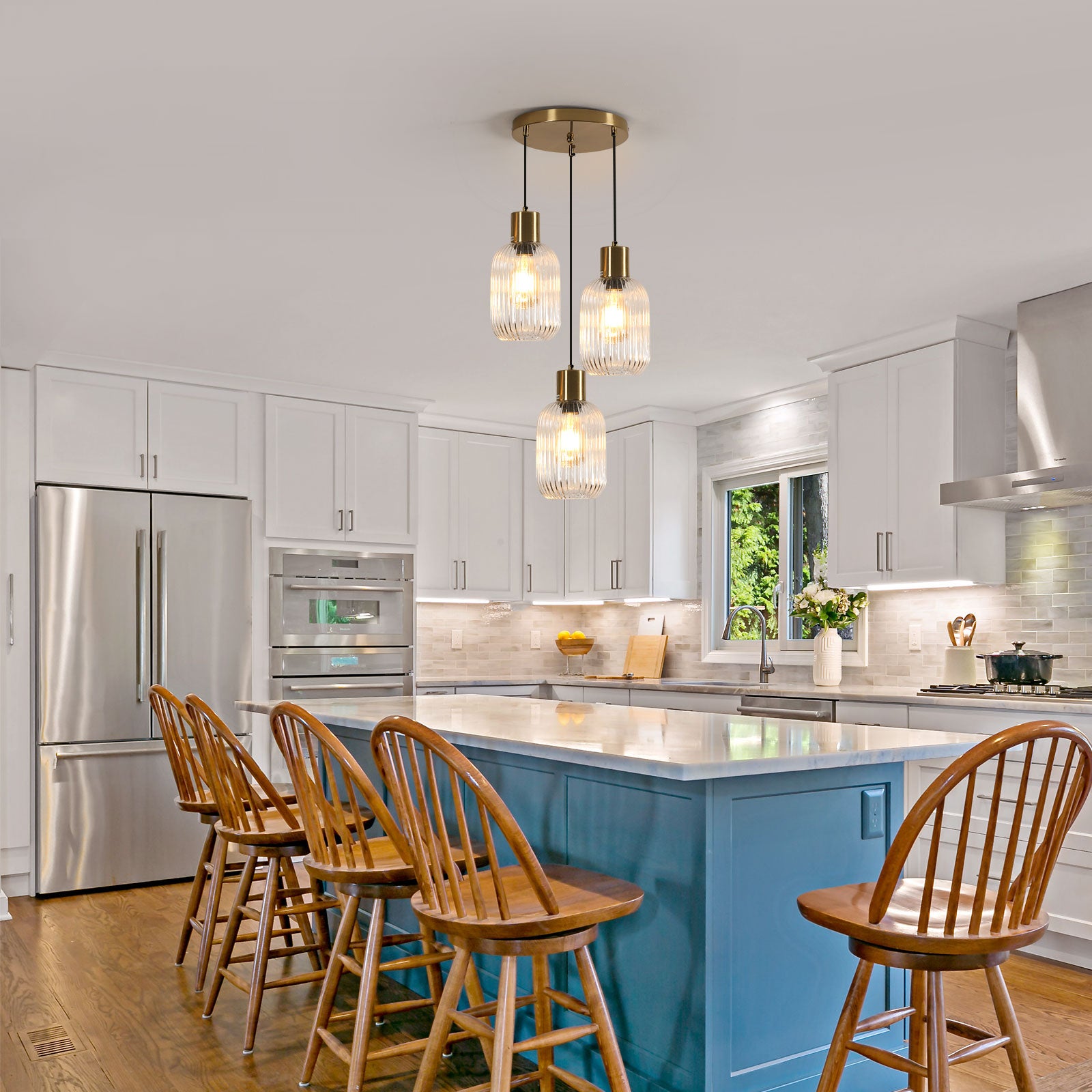 COMELY Suspension en Verre, Lustre Globe à 3 lumières en Laiton doré, luminaire Suspendu Moderne lumières pour Chambre, Salon,Verre transparent - 4