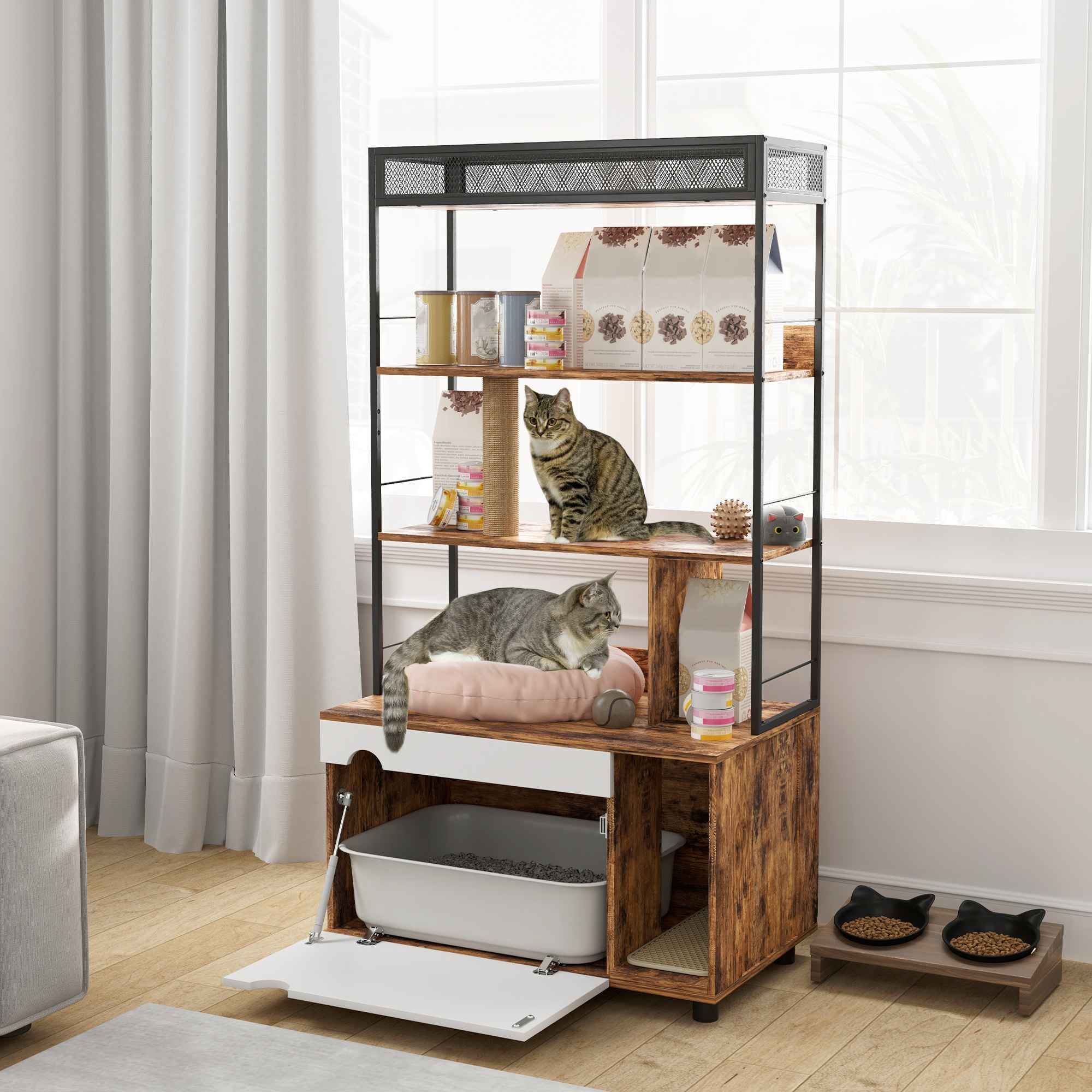 Armário Caixa de Areia para Gatos 2 em 1 com Prateleiras Arrumação, Poste Arranhador, Porta Abatível, Madeira Marrom 80x48x152cm - 2