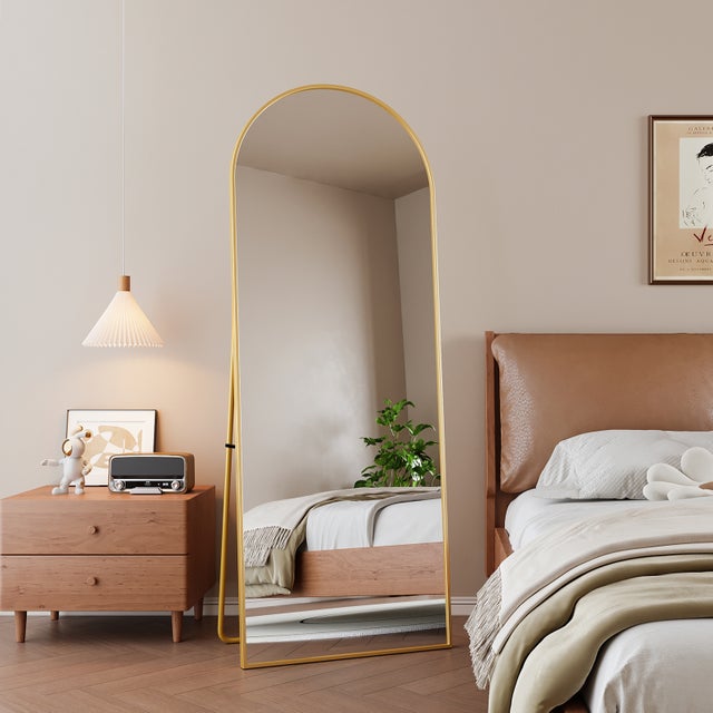 KEFSR Miroir sur Pied Arqué 162 x 53cm,Miroir Mural avec Support,Cadre en Alliage d’Aluminium,Verre Trempé,Grand Miroir pour Chambre,Salon(Doré)