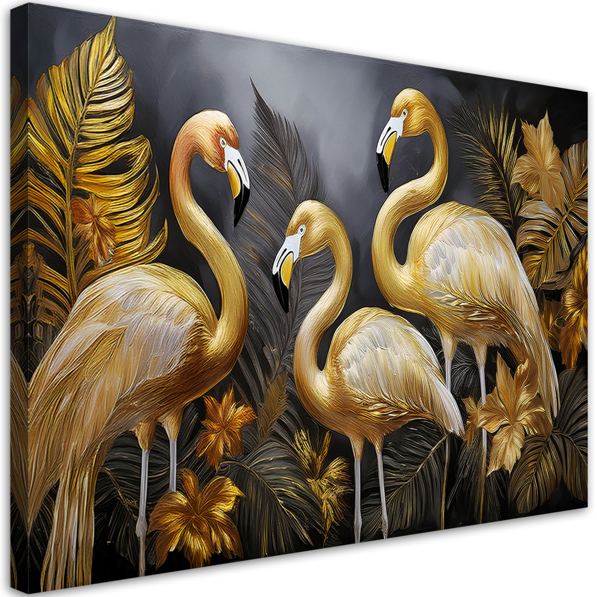 Obraz na płótnie, Złote Flamingi Ptaki Glamour 90x60