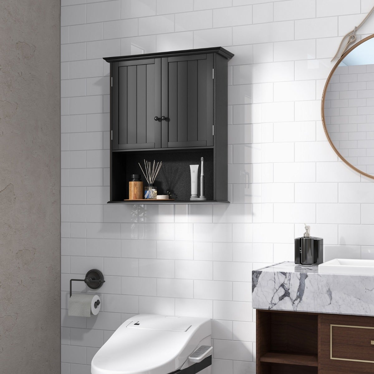 Armario de baño de pared con 2 puertas repisa ajustable en altura negro 60 x 20 x 70,5 cm