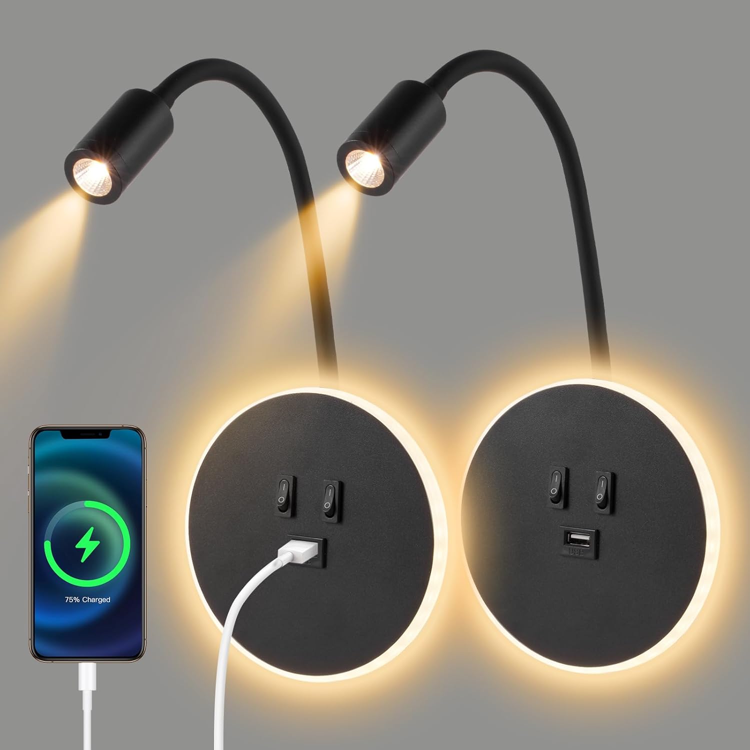 Elastyczna lampa ścienna LED z gęsią szyją, 3 W, 9 W, lampa do czytania z portem ładowania USB i przełącznikiem, 2 sztuki (czarna)