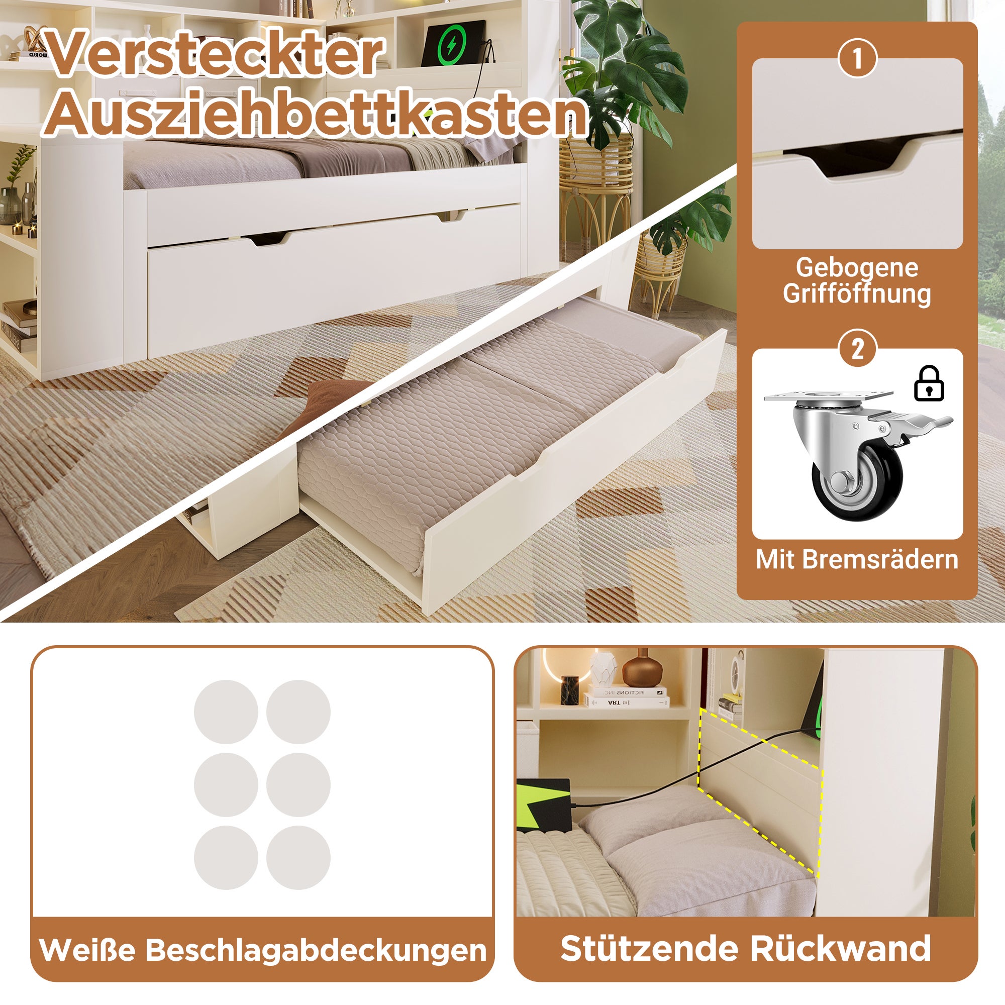 Łóżko wysuwane 90 x 200 cm z 2 szufladami i przegródkami – sosna + płyta wiórowa – ładowanie USB/typu C – białe (materac nie jest wliczony w cenę) - 3