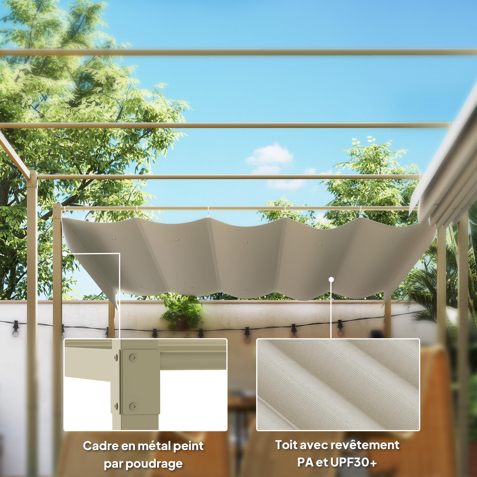 Pergola rétractable 3 x 3 m acier époxy beige polyester 180 g/m² UPF30+ kaki - 5