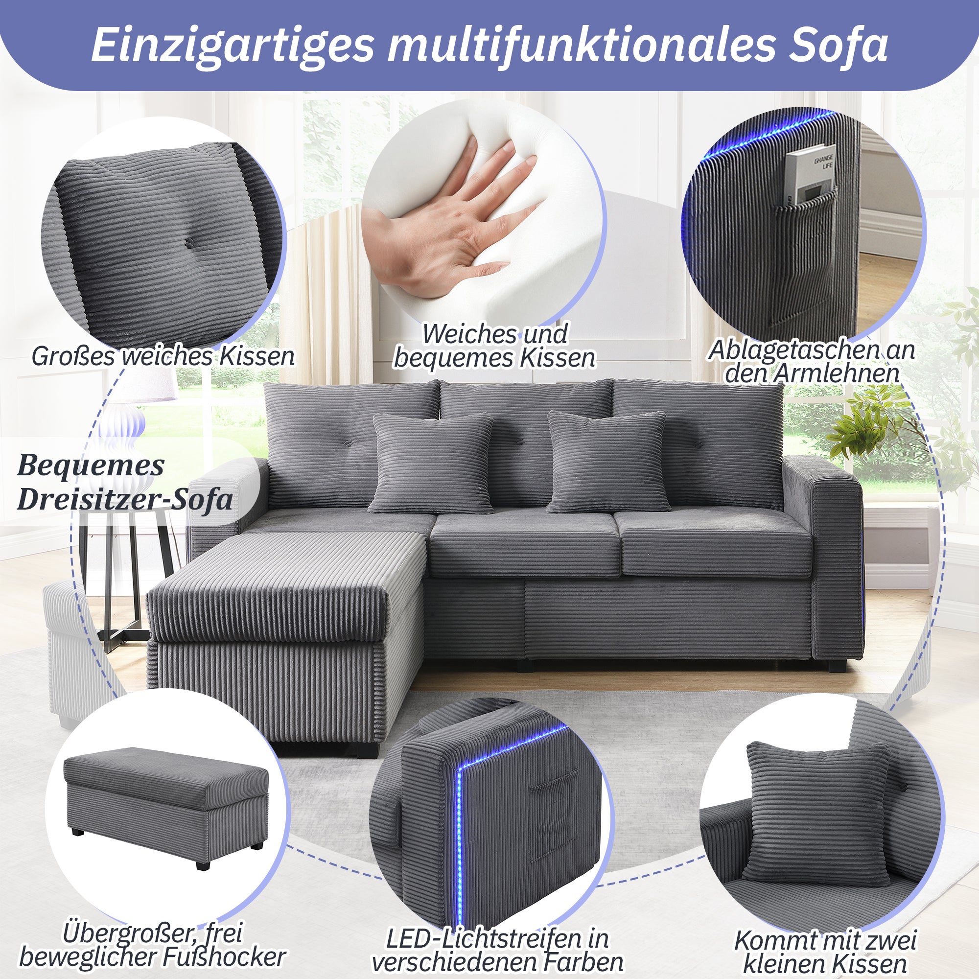 Canapé 3 places avec pouf amovible - 184 x 84.5 x 85.5 cm - Tissu en velours côtelé - LEDs - Gris antique - 8