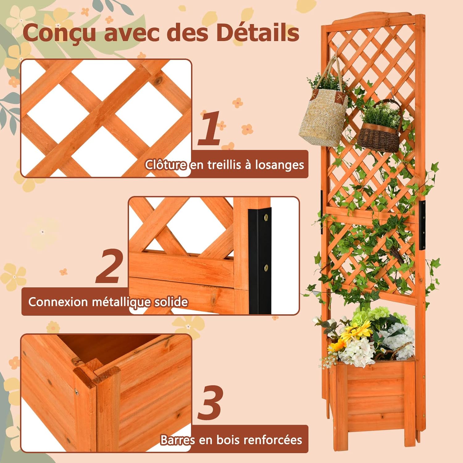 Jardinière avec Treillis 180 CM en Bois, avec Trou de Drainage pour Plantes Grimpantes, Fleurs, Jardinière pour Cour, Jardin, Balcon - 2