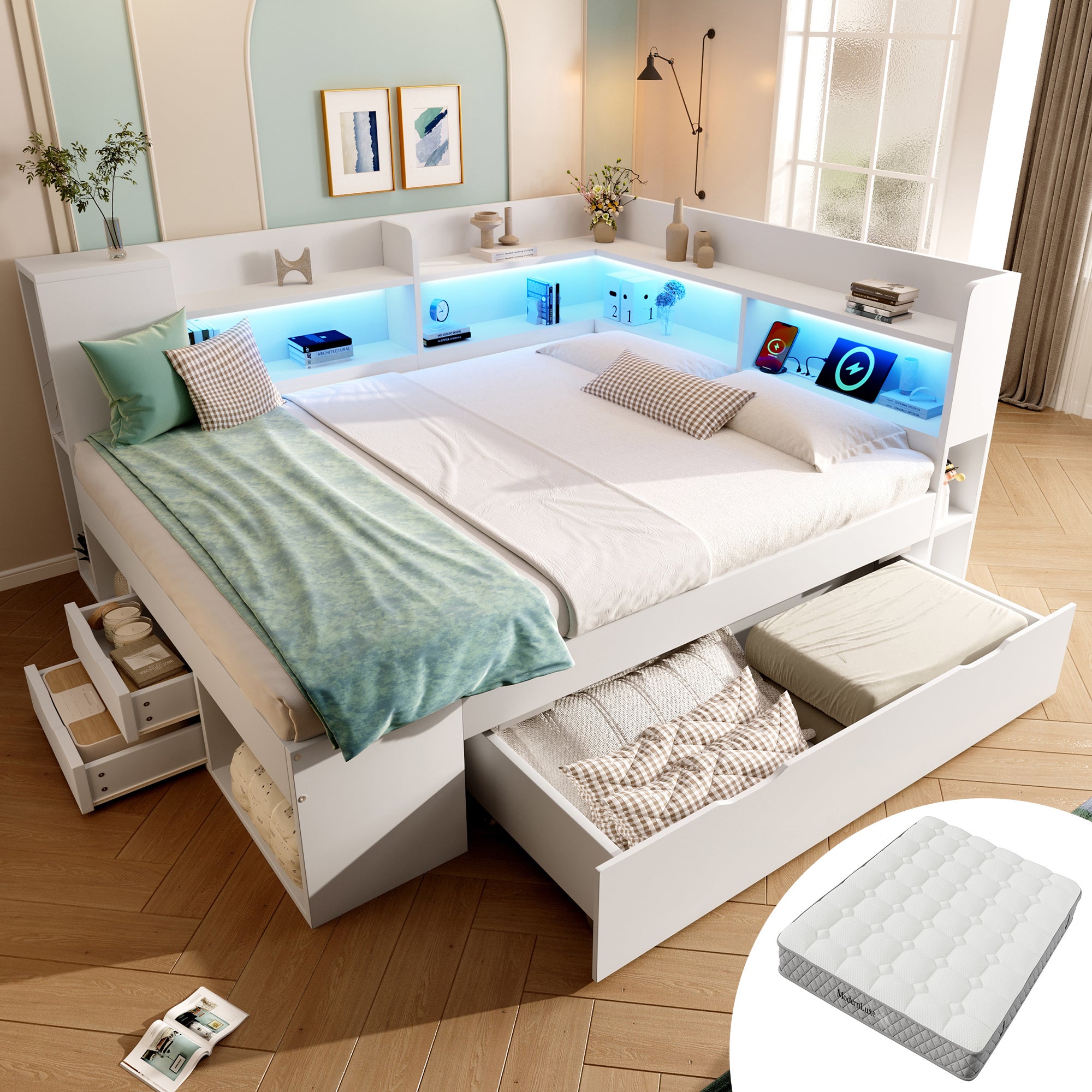 Łóżko 140 x 200 cm z 3 szufladami i przegródkami, sofa rozkładana - oświetlenie LED i port USB-C - lite drewno + BP + MDF - białe (z materacem)