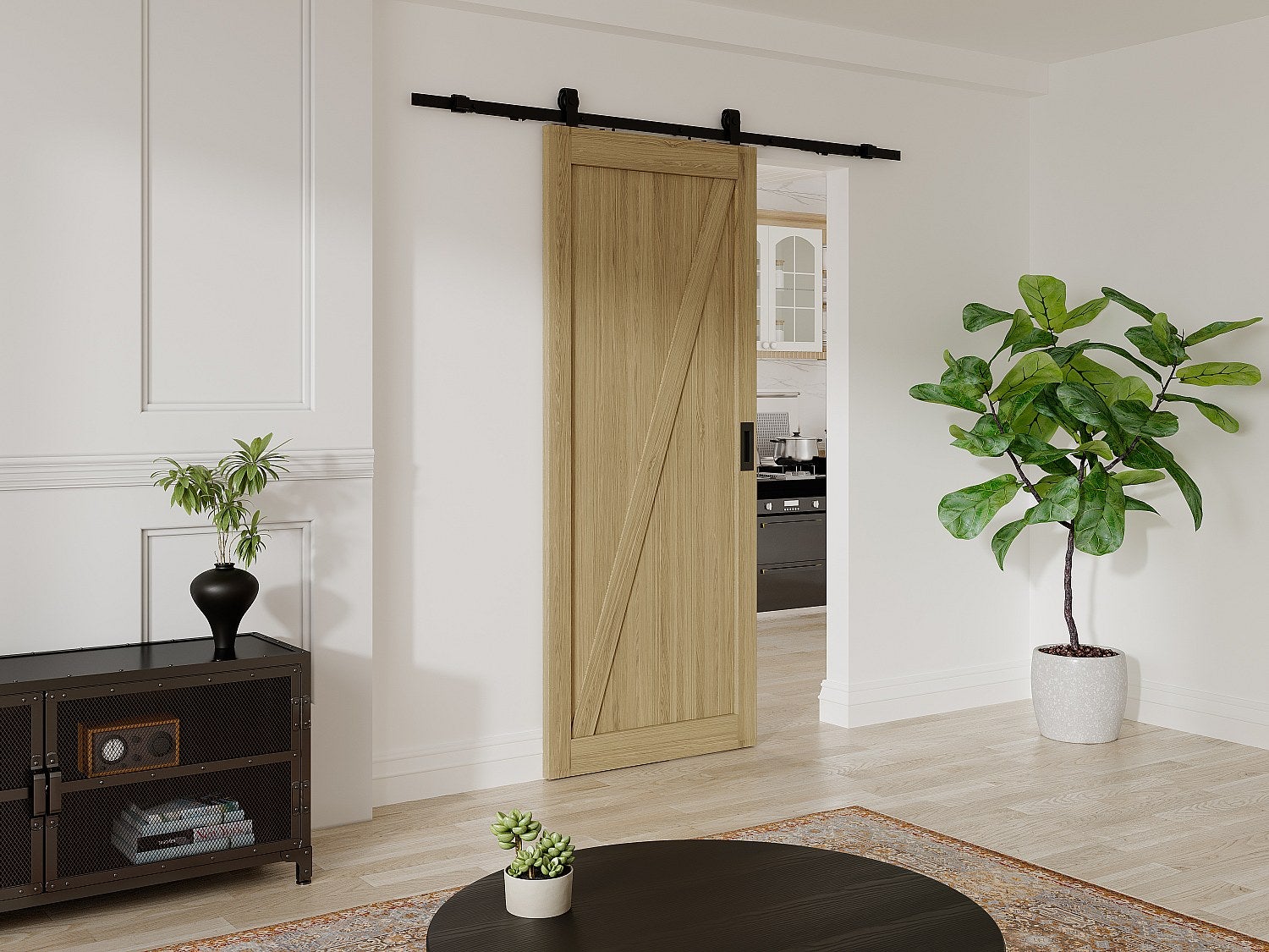 Porte coulissante avec système en applique en bois et MDF - Naturel clair - H205 x L63 cm - BALERMA - 2