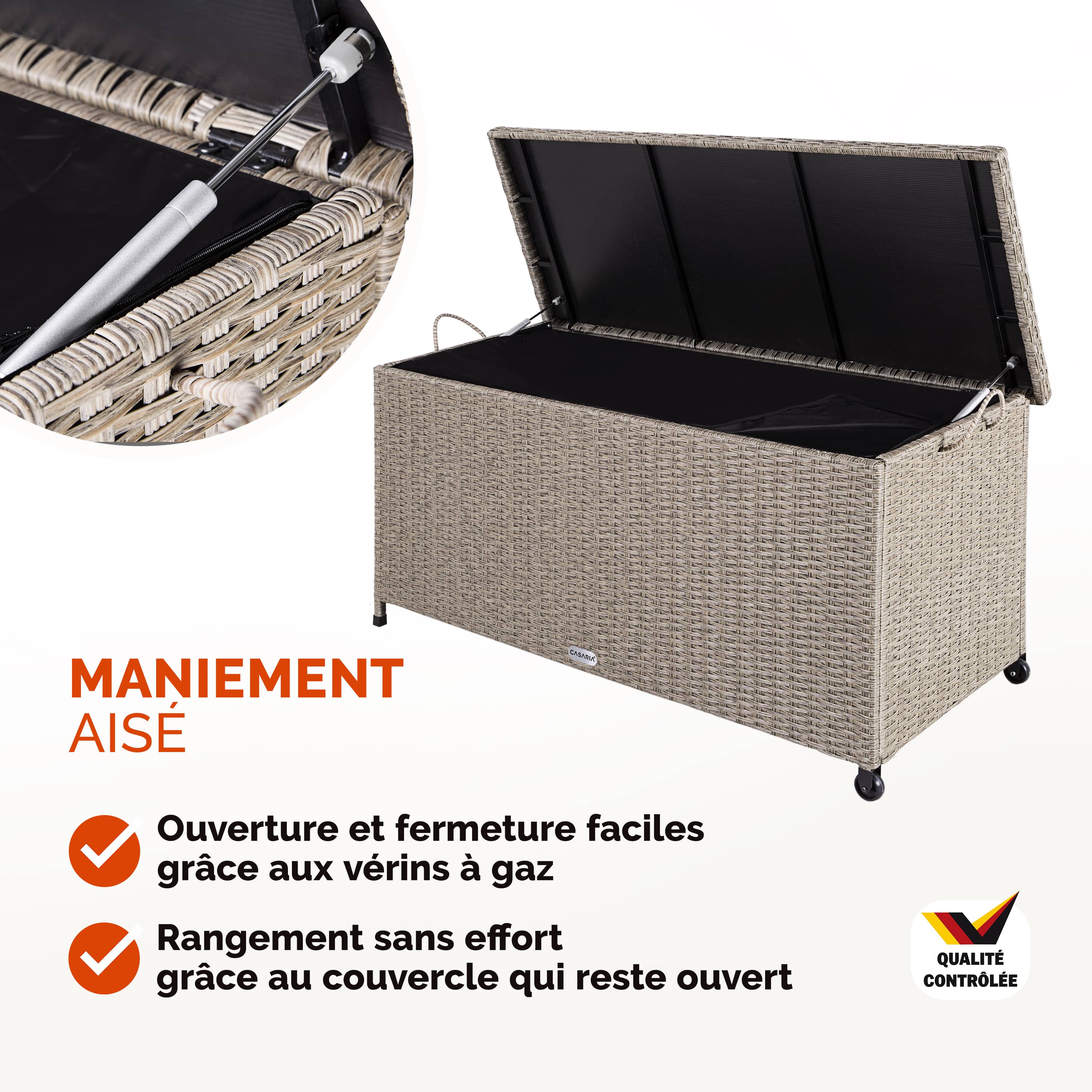 CASARIA® Coffre de jardin extérieur XXL Crème Coffre de rangement avec roulettes 270 L étanche Vérin à gaz 117x53x60 cm pour terrasse ou jardin - 5