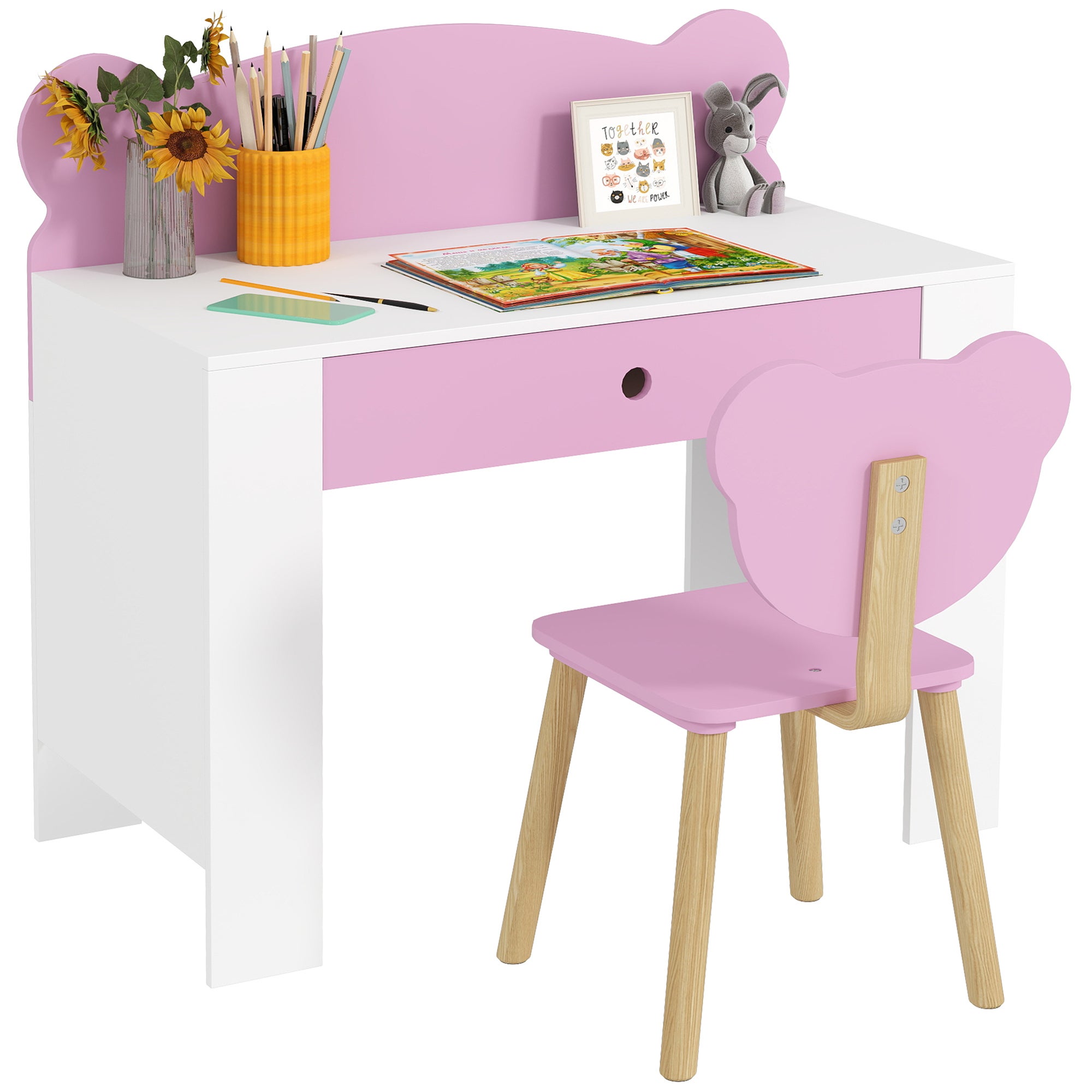 Porte-vêtements Roulettes Enfant Portant à Vêtements Enfant COSTWAY Avec Motif Ours - 3 Hauteurs Réglables (100/120/152 Cm) - Panier Inférieur Et Roulettes - Charge Max 50kg