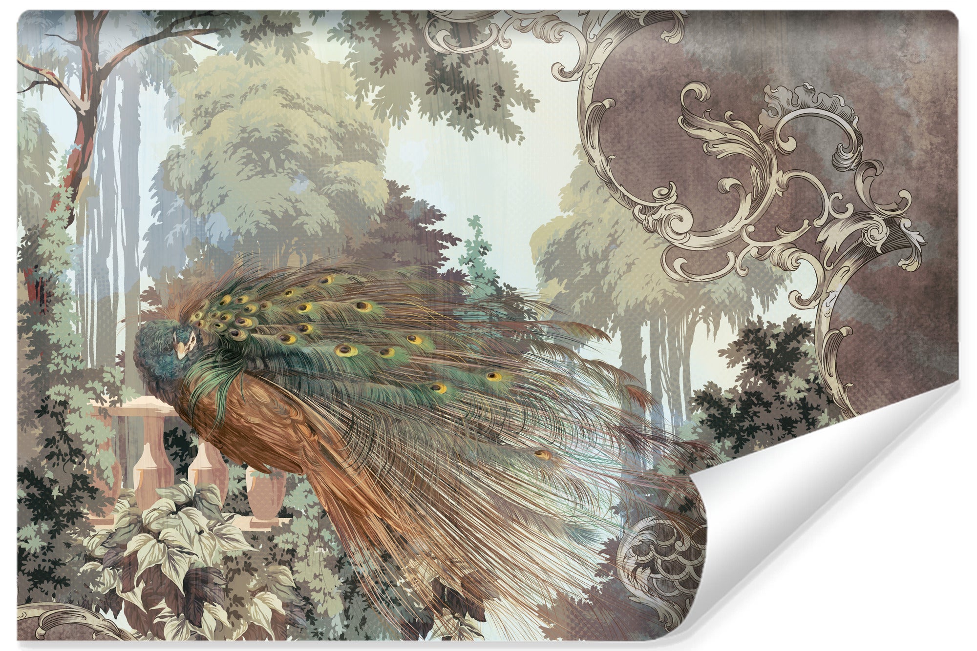 Papel pintado fotografico no tejido para salon paon arboles adornos 180cm x 120cm