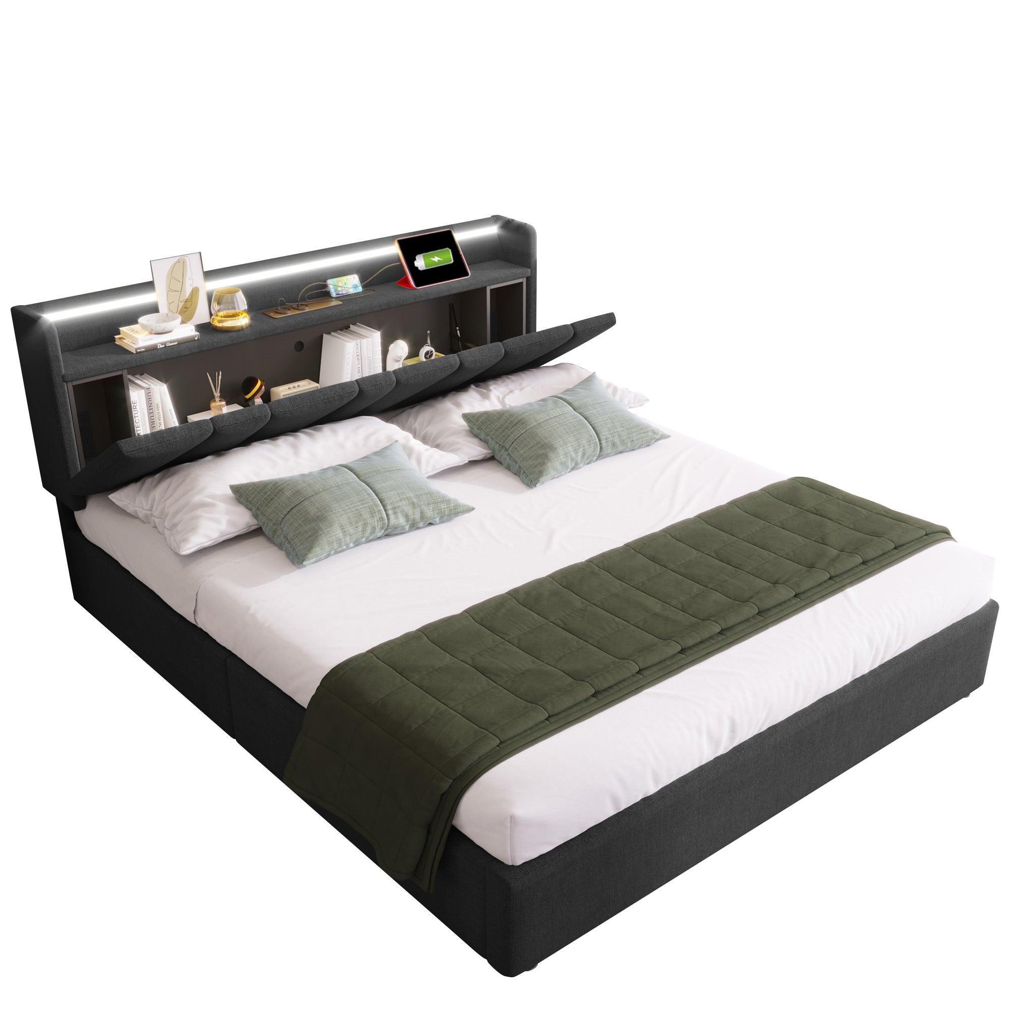 Lit Coffre 140x200 cm,Lit Double Gris avec Ports USB,Prises et Tête de Lit Rembourrée,Éclairage LED,Structure en Lin et Bois,Sans Matelas - 7