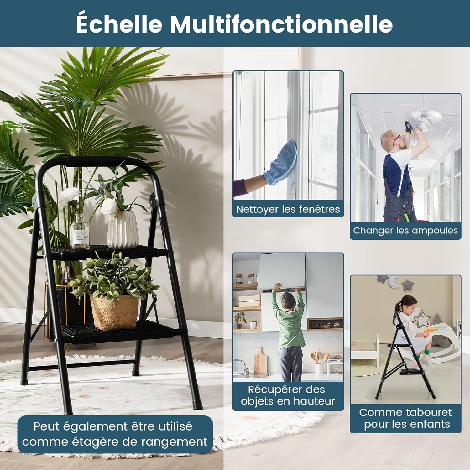Escabeau 2 Marches Pliable 71 cm avec Poignée Rembourrée et Marche Antidérapante, Échelle d'Outil en Métal Portable Charge 150 kg, Noir - 4